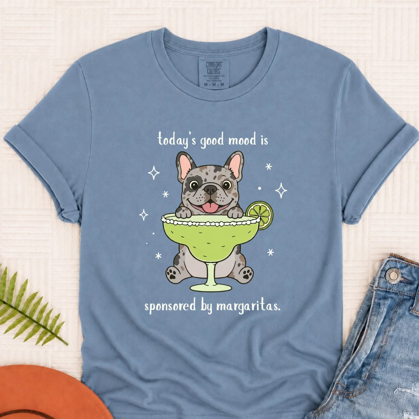 Custom Frenchie Margaritas Drinking Unisex TShirt Blue Jean