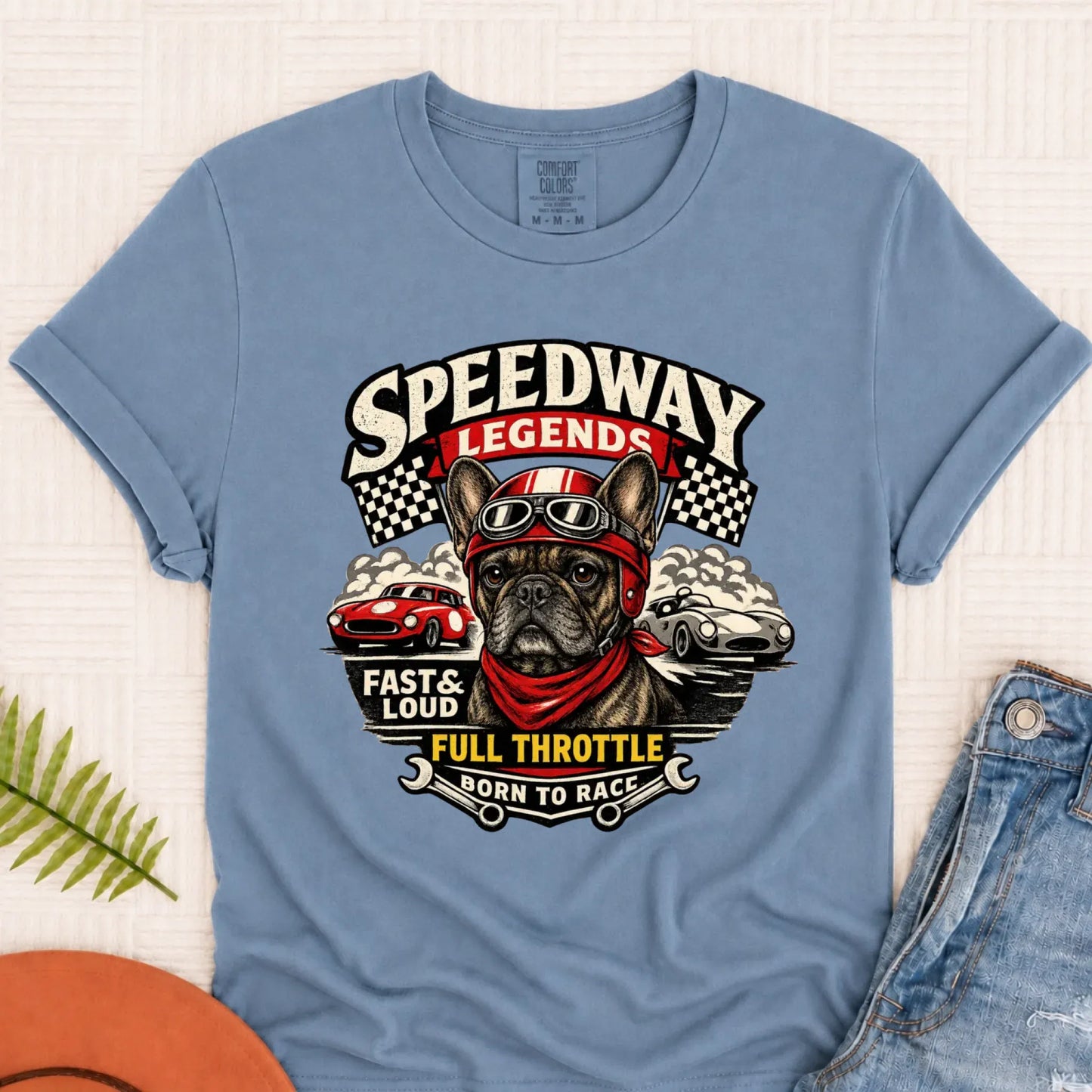 Custom Frenchie Race Car Speedway Unisex TShirt Blue Jean
