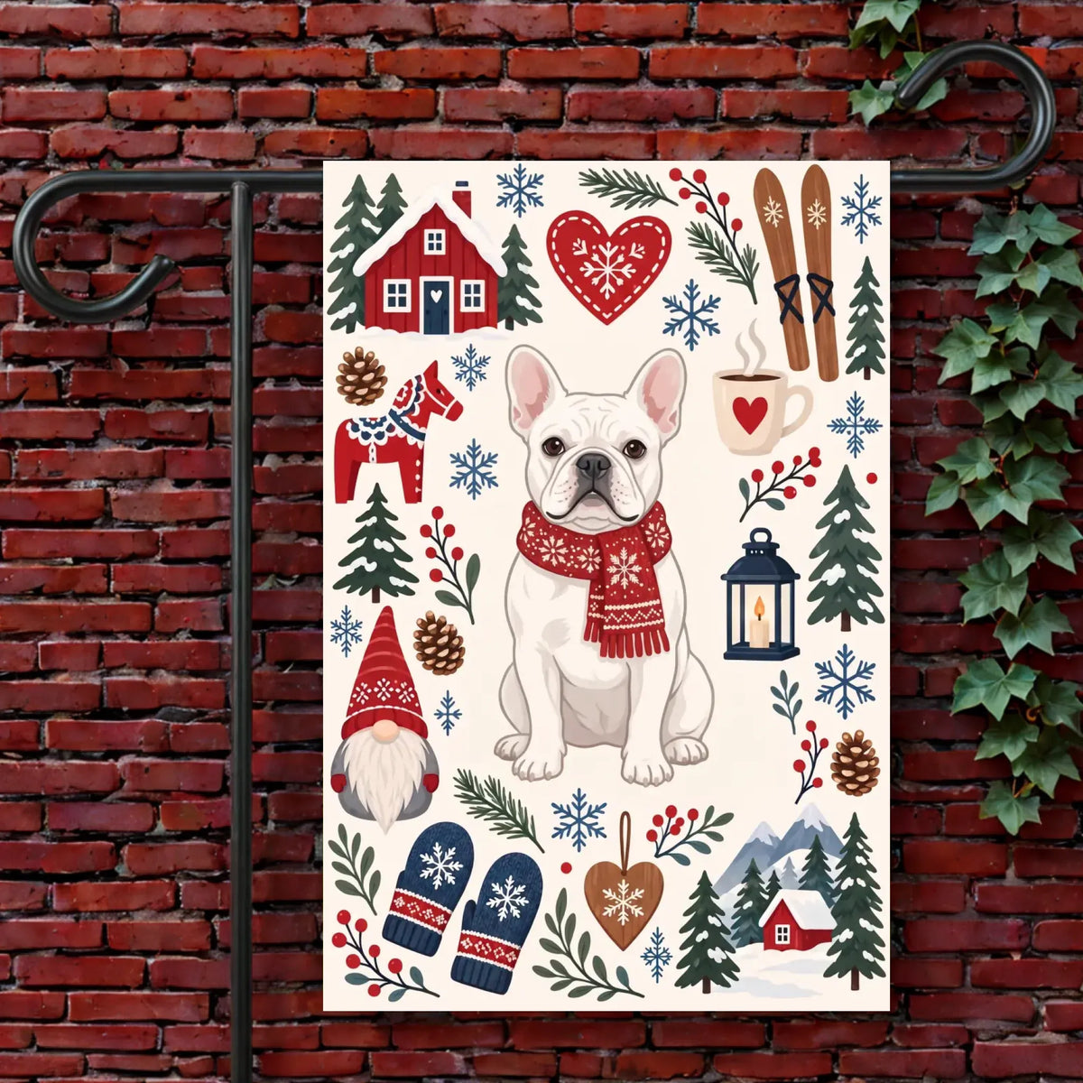 Custom Frenchie Scandinavian Winter Garden Flag 12'' × 18''