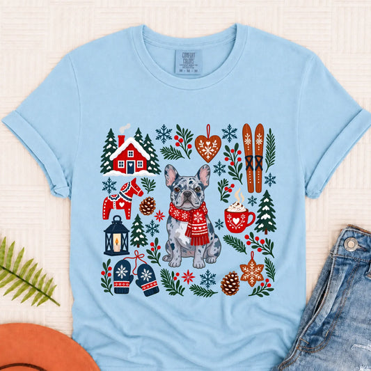 Custom Frenchie Scandinavian Winter Unisex Tshirt Chambray