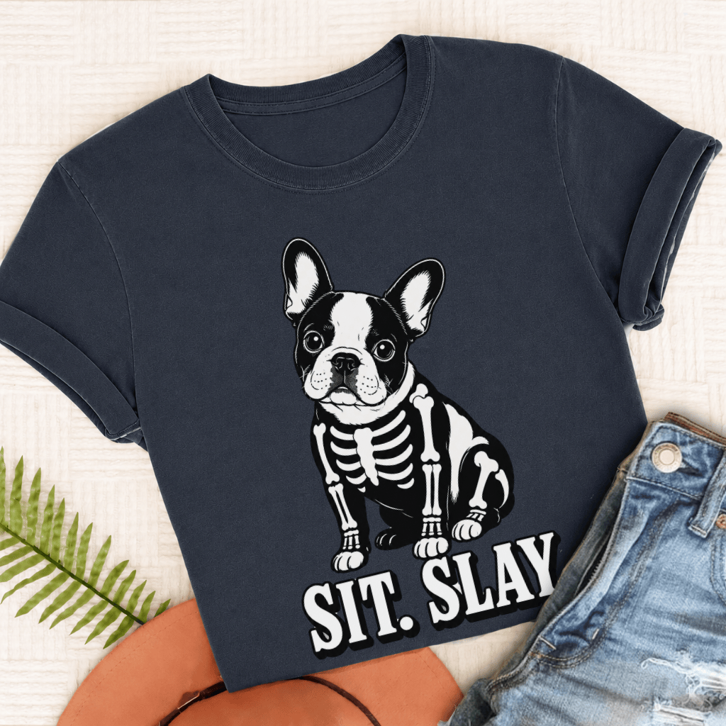 Custom Frenchie Skeleton Halloween Unisex TShirt True Navy