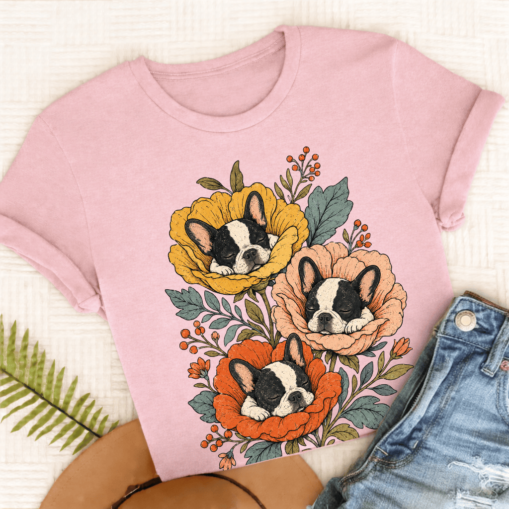 Custom Frenchie Sleeping Flowers Unisex TShirt Blossom