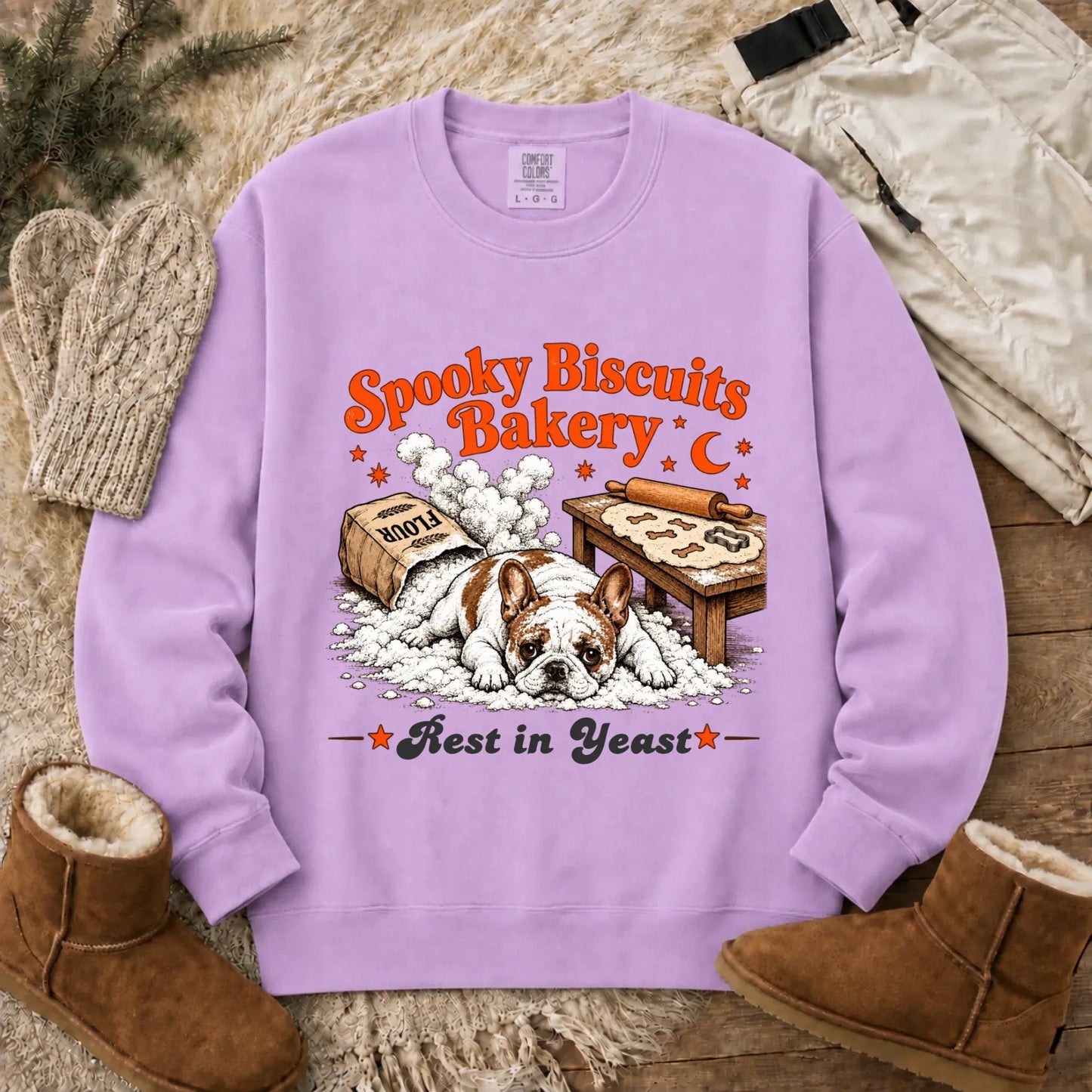 Custom Frenchie Spooky Biscuits Bakery Sweatshirt Orchid