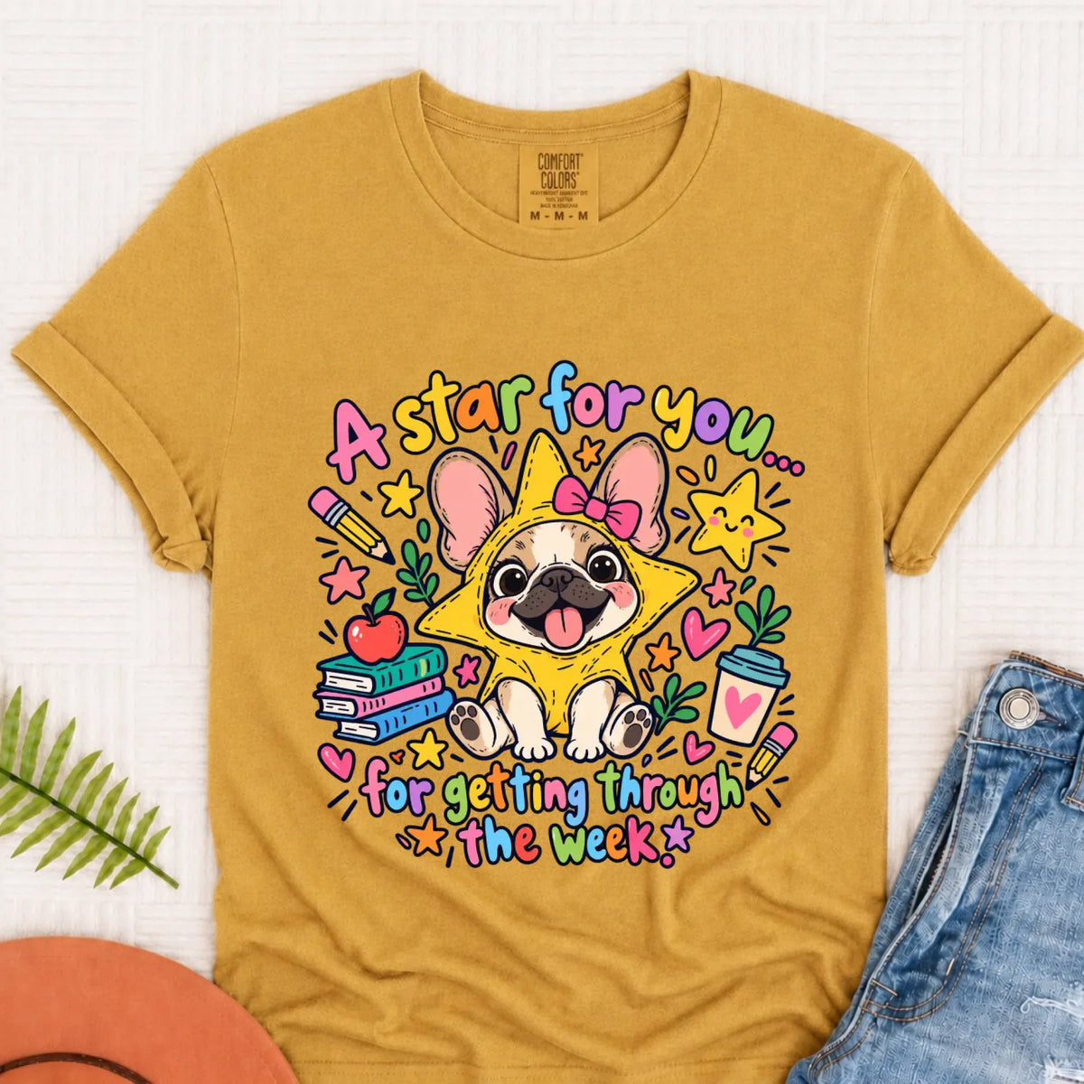 Custom Frenchie Star School Teacher Unisex Tshirt Mustard