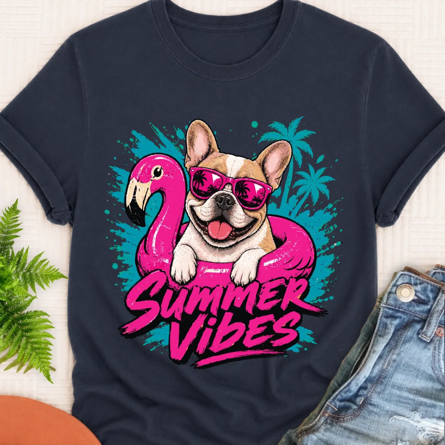 Custom Frenchie Summer Vibes Unisex Tshirt Navy