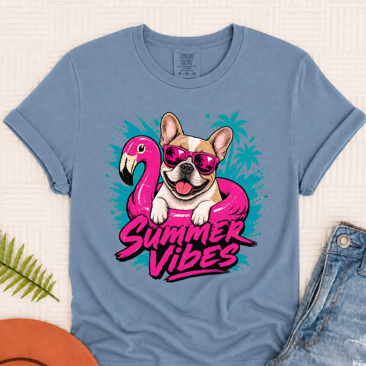 Custom Frenchie Summer Vibes Unisex Tshirt Blue Jean