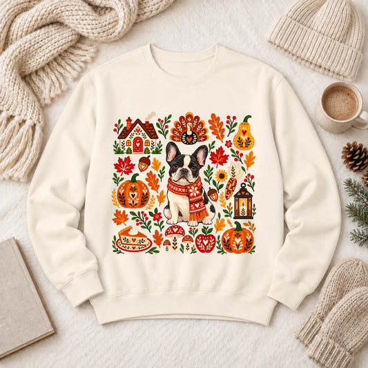 Custom Frenchie Thanksgiving Scandinavian Unisex Sweatshirt Ivory