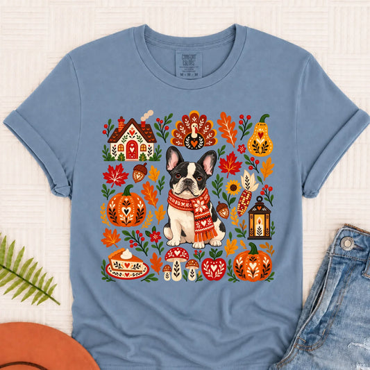 Custom Frenchie Thanksgiving Scandinavian Unisex TShirt Blue Jean