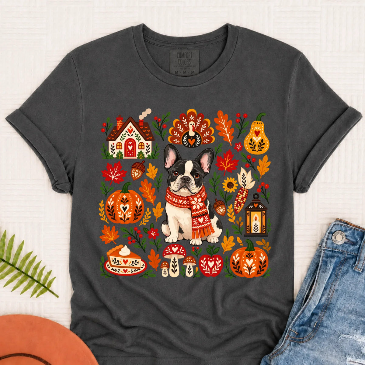 Custom Frenchie Thanksgiving Scandinavian Unisex TShirt Pepper