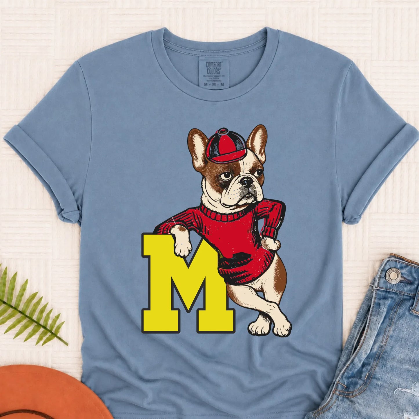 Custom Frenchie Vintage School Mascot Unisex Tshirt Blue Jean