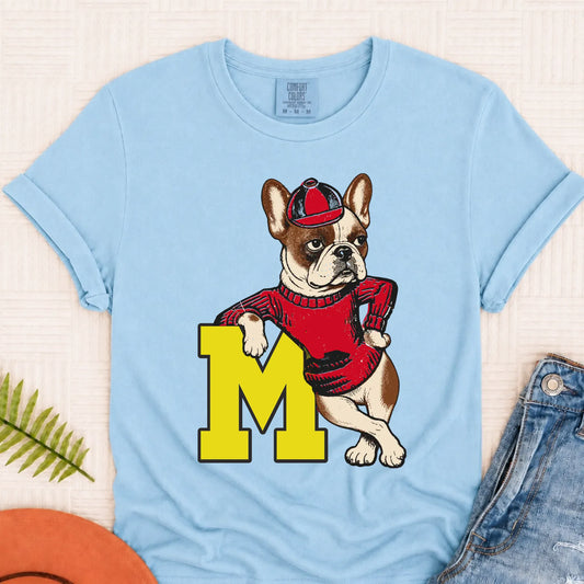 Custom Frenchie Vintage School Mascot Unisex Tshirt Chambray