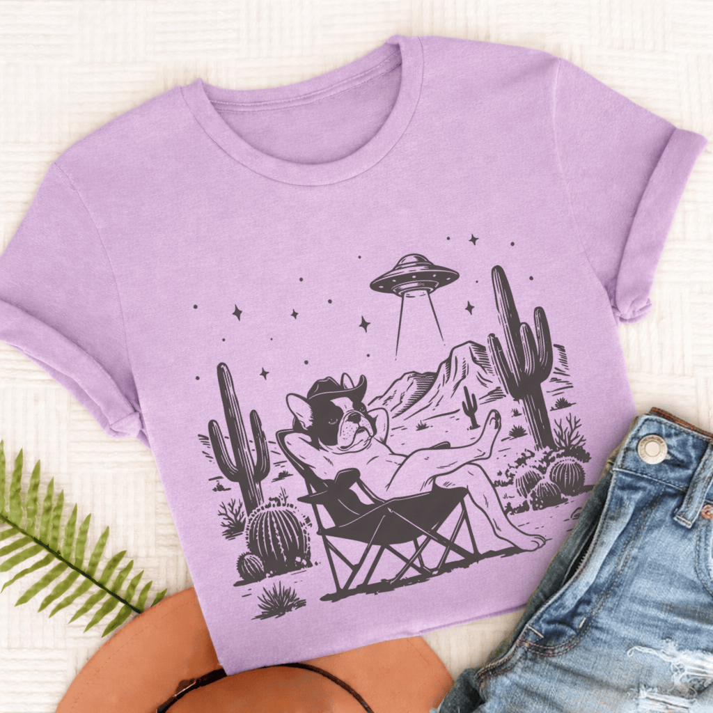 Custom Frenchie Western UFO Unisex Tshirt Orchid