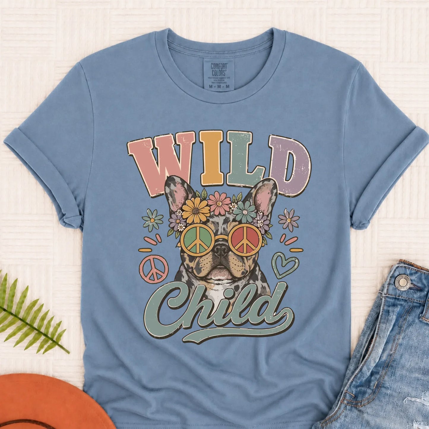 Custom Frenchie Wild Child Hippie Unisex TShirt Blue Jean