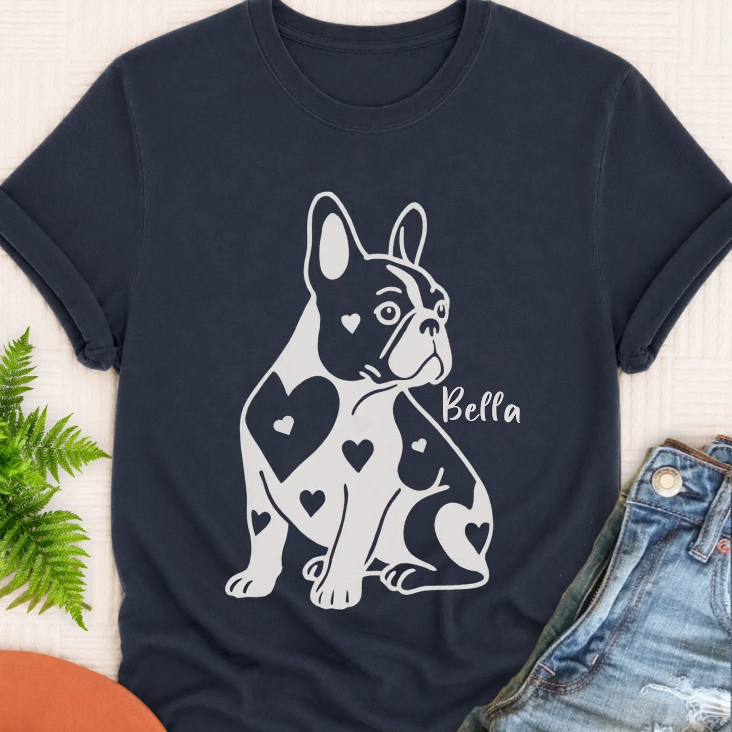 T-Shirt Navy / S Custom Name French Bulldog Heart Dog TShirt