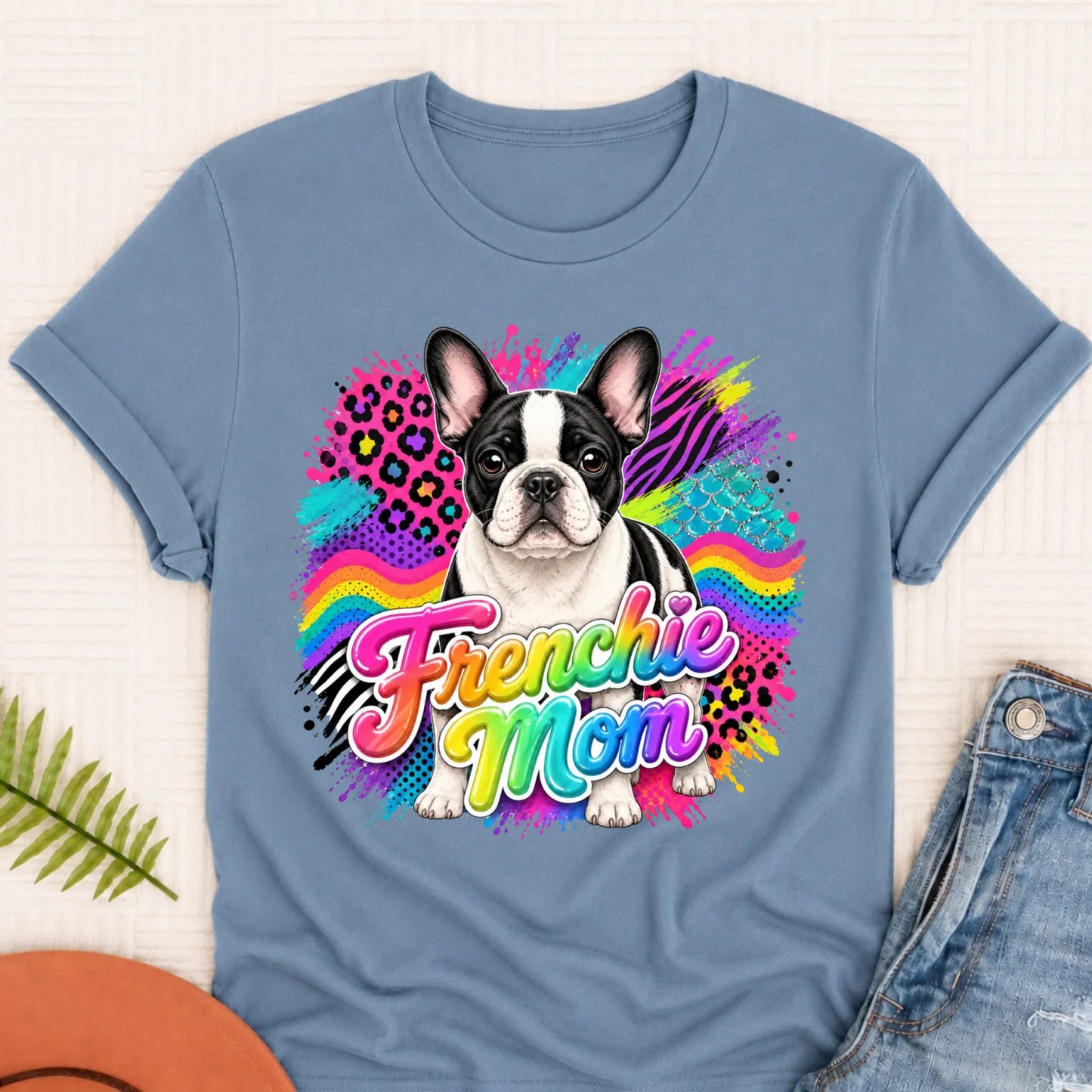 Custom Photo French Bulldog 1990s Neon Unisex Tshirt Blue Jean