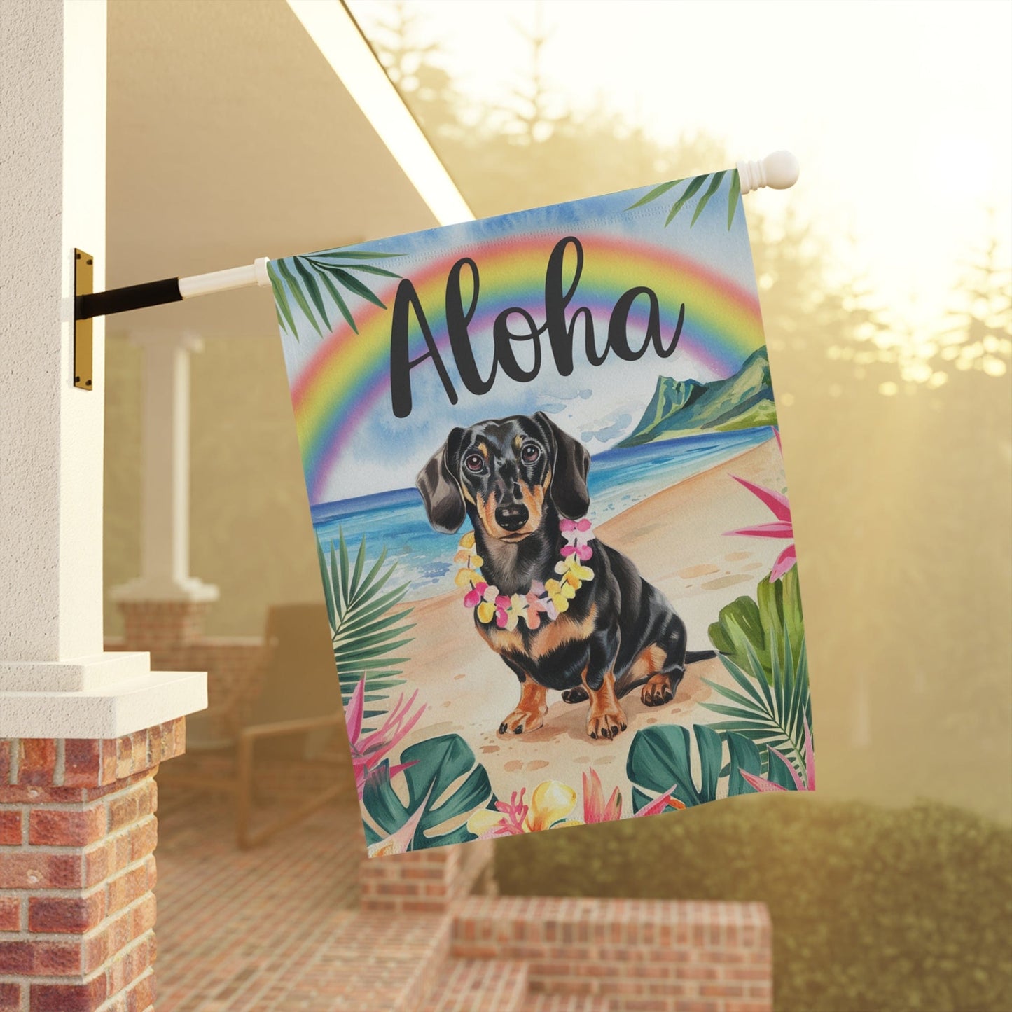 Printify Garden Flag Dachshund Black and Tan Hawaii Garden Flag, Aloha Luau Party Decorations