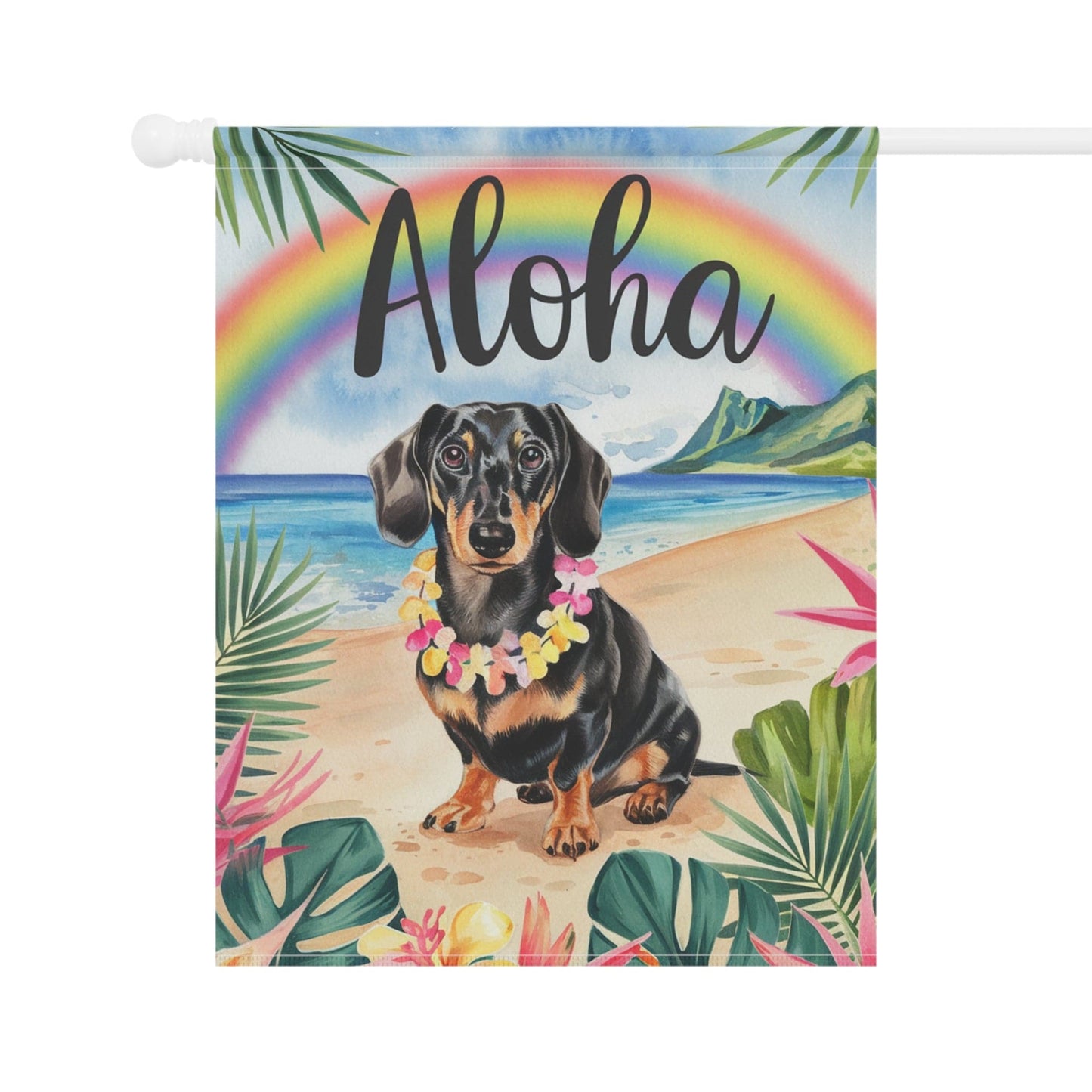 Printify Garden Flag Dachshund Black and Tan Hawaii Garden Flag, Aloha Luau Party Decorations