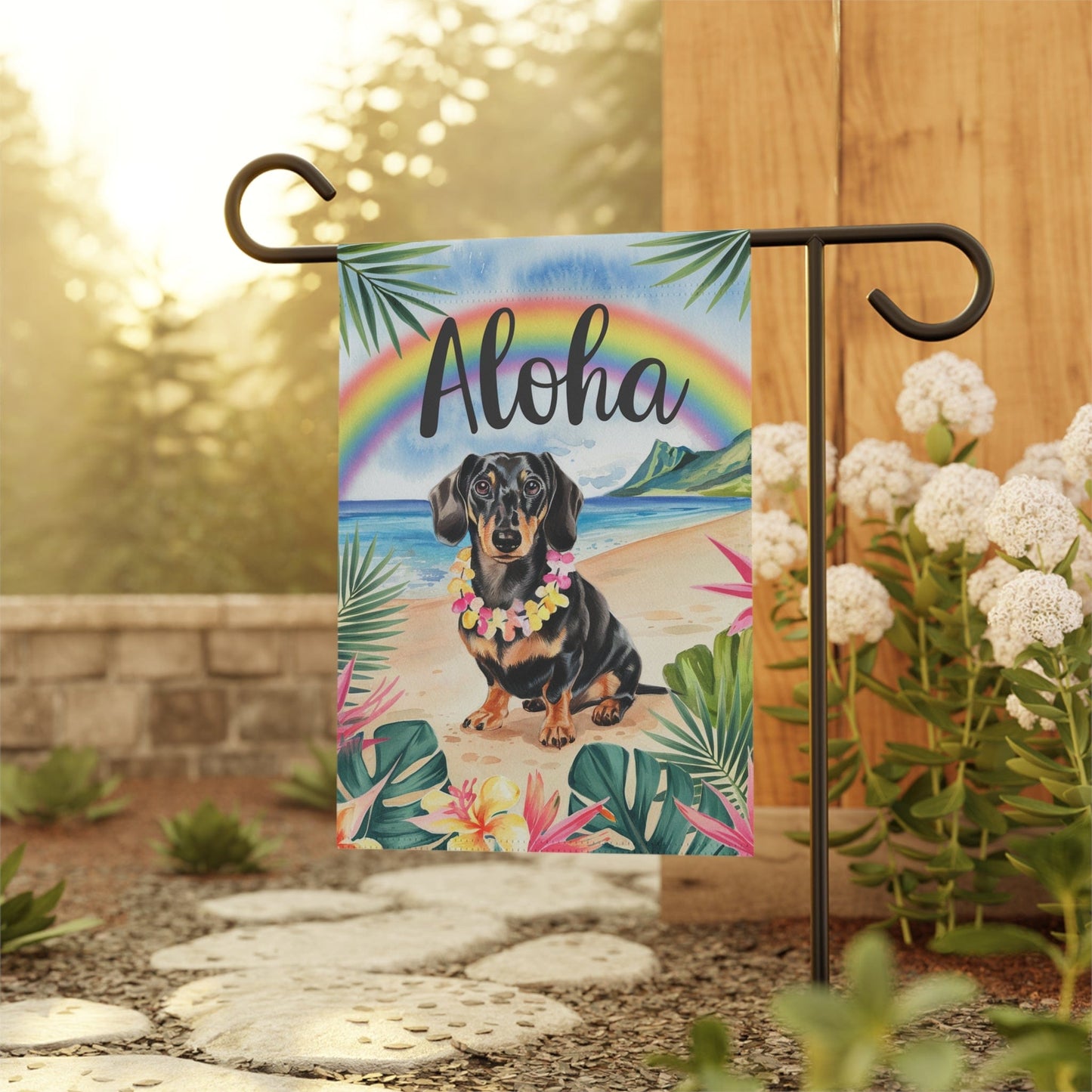 Printify Garden Flag Dachshund Black and Tan Hawaii Garden Flag, Aloha Luau Party Decorations
