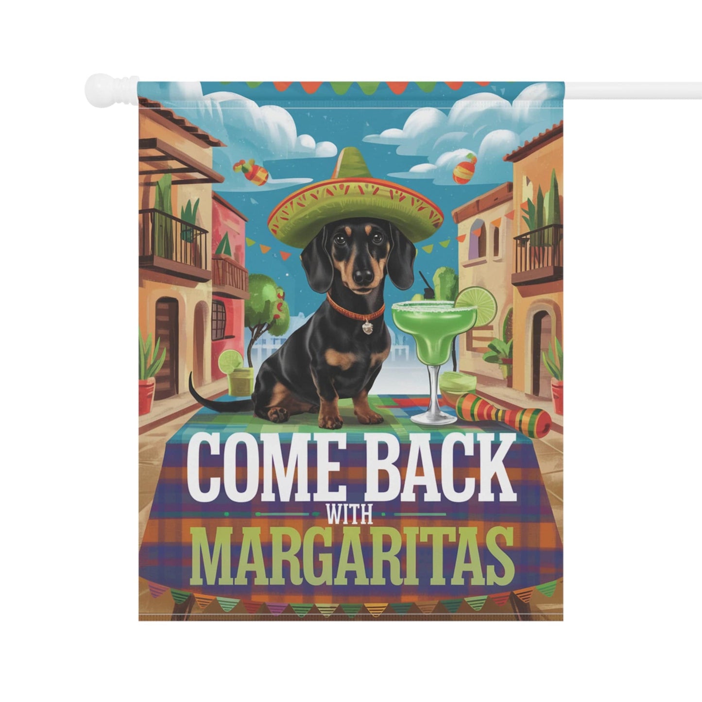 Printify Garden Flag Dachshund Black Tan Dog Garden Flag, Cinco de Mayo Fiesta, Margarita Drinking