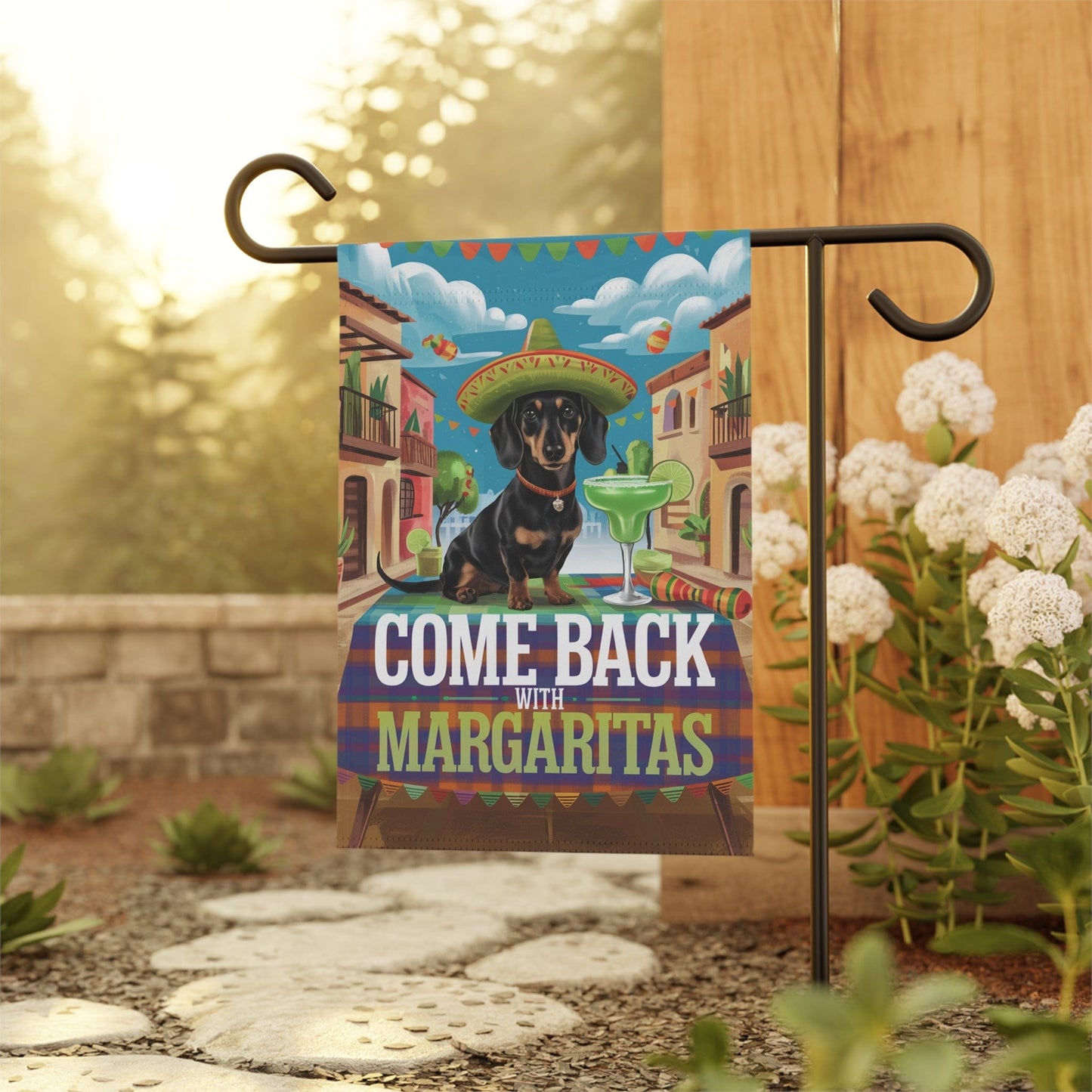 Printify Garden Flag Dachshund Black Tan Dog Garden Flag, Cinco de Mayo Fiesta, Margarita Drinking