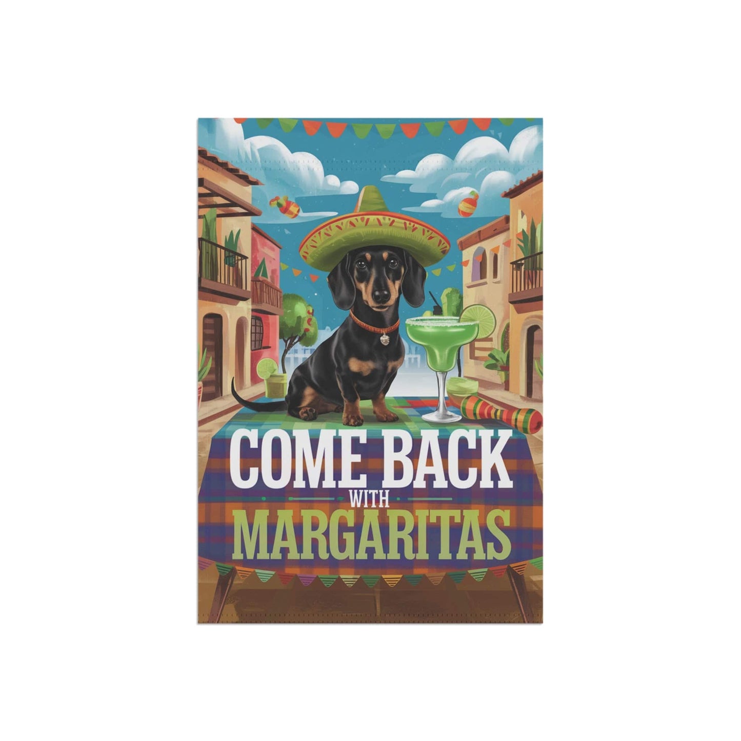 Printify Garden Flag Dachshund Black Tan Dog Garden Flag, Cinco de Mayo Fiesta, Margarita Drinking