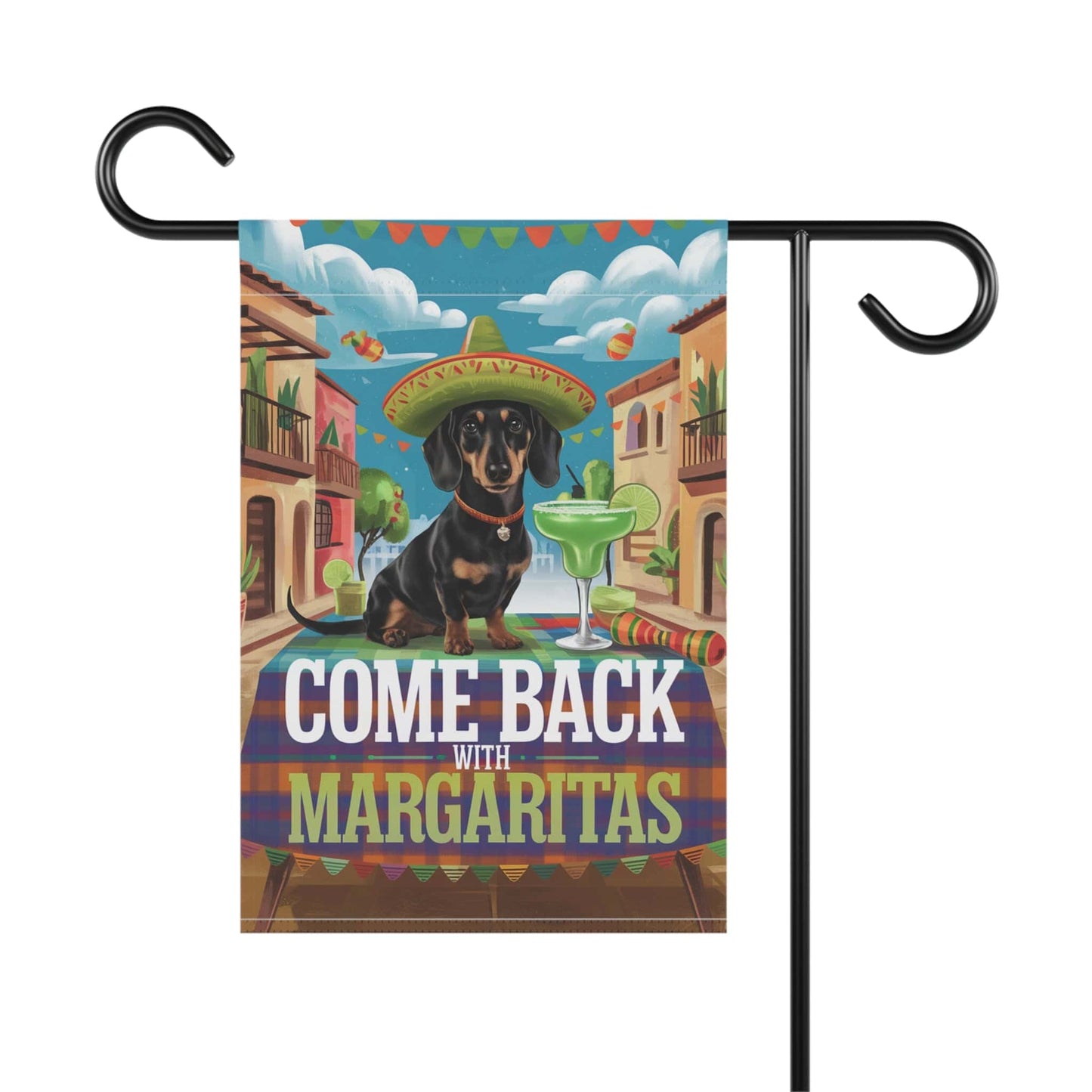 Printify Garden Flag Dachshund Black Tan Dog Garden Flag, Cinco de Mayo Fiesta, Margarita Drinking