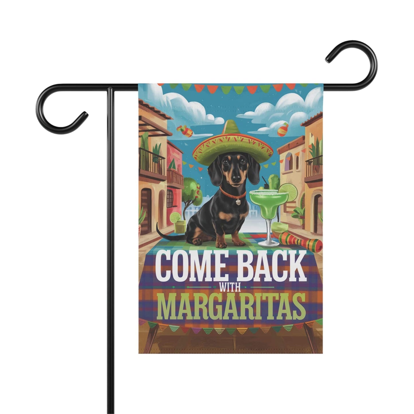 Printify Garden Flag 12'' × 18'' Dachshund Black Tan Dog Garden Flag, Cinco de Mayo Fiesta, Margarita Drinking