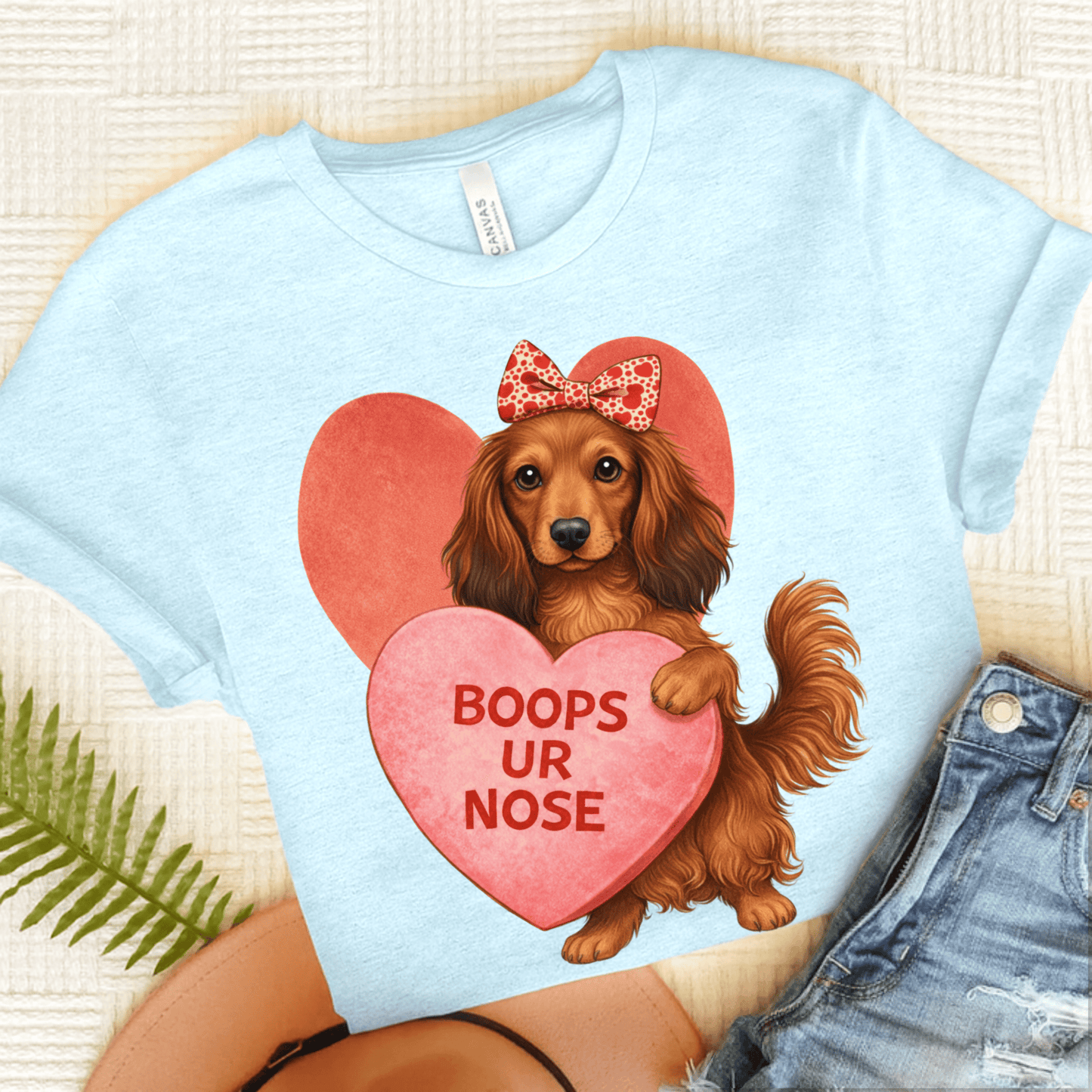 Dachshund Boops Valentine Unisex Tshirt Heather Ice Blue