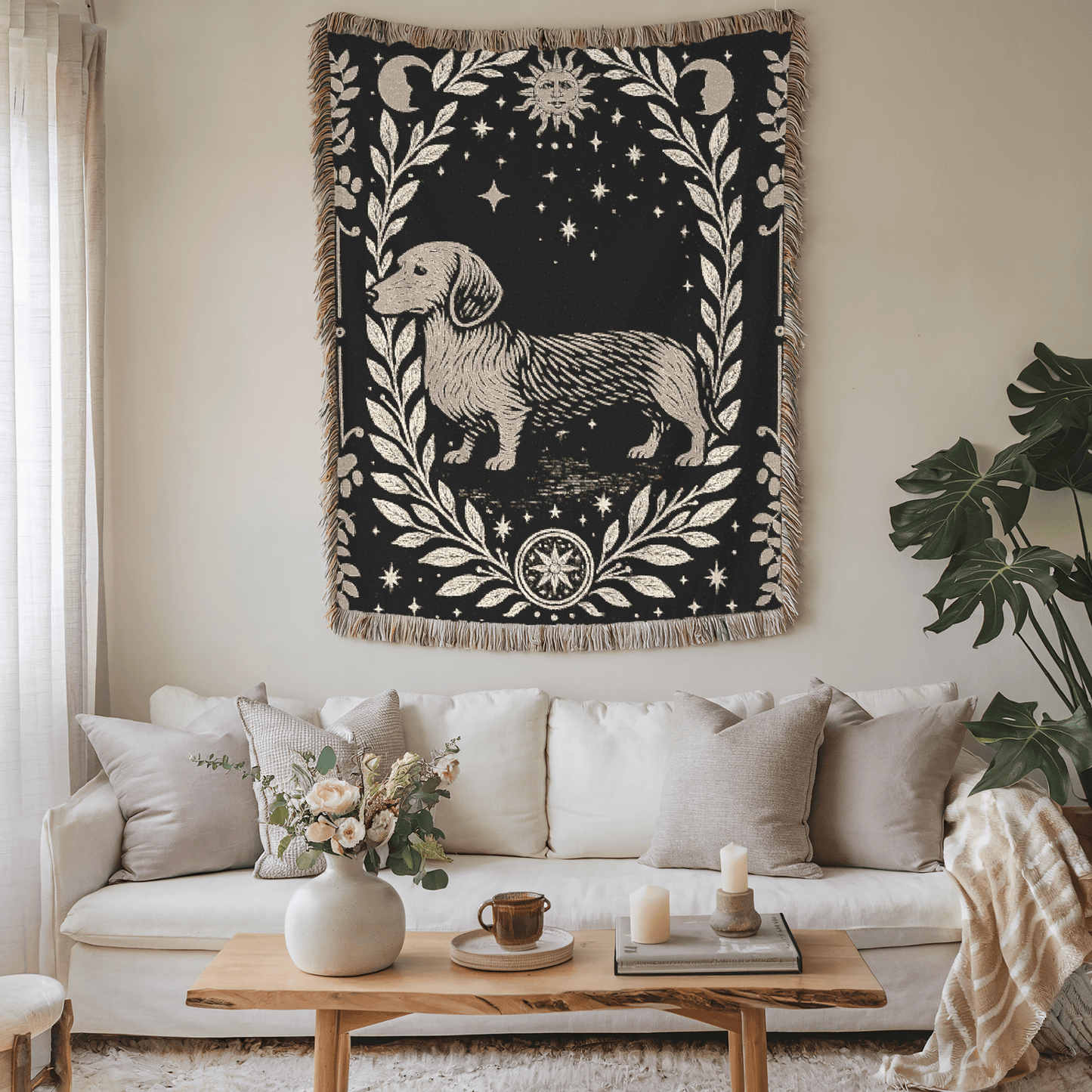 Printify Home Decor Dachshund Dog Celestial Woven Blanket