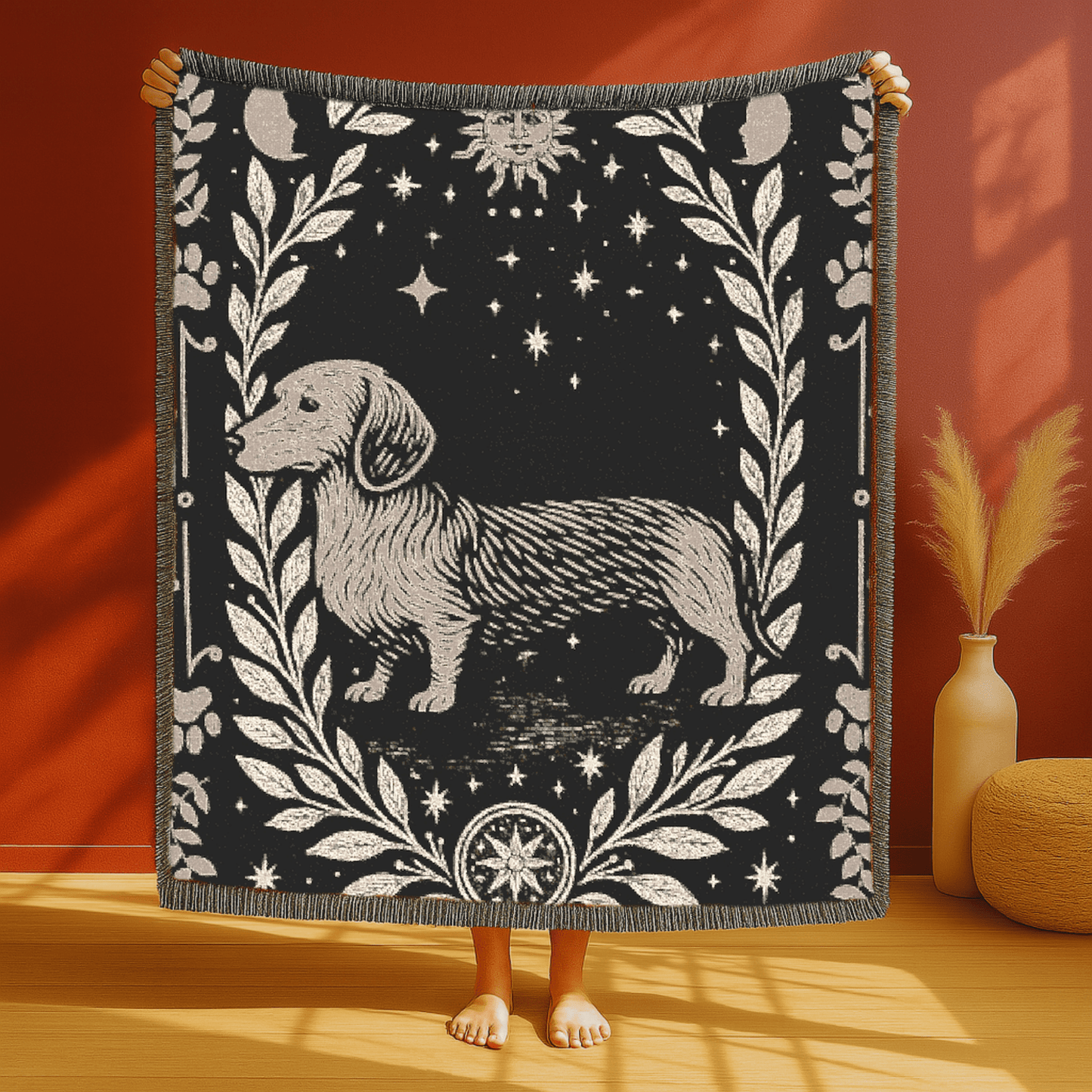 Printify Home Decor Dachshund Dog Celestial Woven Blanket