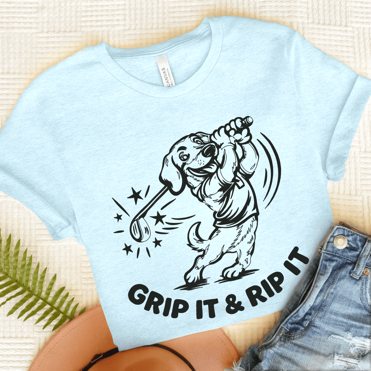 Dachshund Golf Grip it Unisex Tshirt Heather Ice Blue