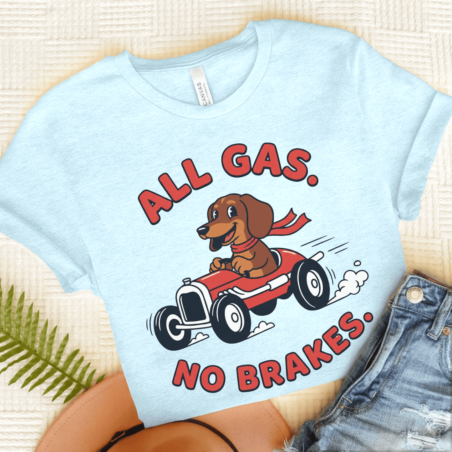 Dachshund Racing All Gas Unisex TShirt Heather Ice Blue