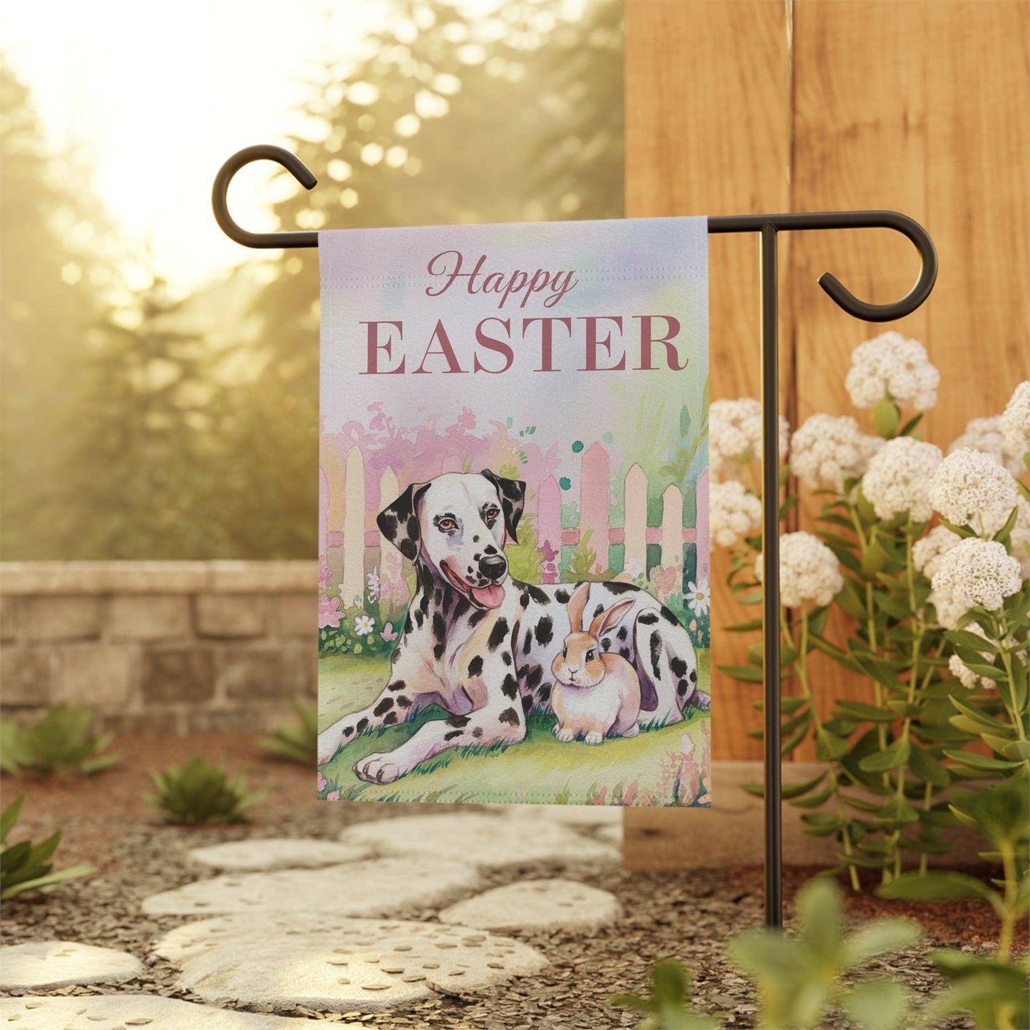 Printify Home Decor Dalmatian Easter Spring Garden Flag, Front Yard Spring Decor, Housewarming Dog Mom Gift