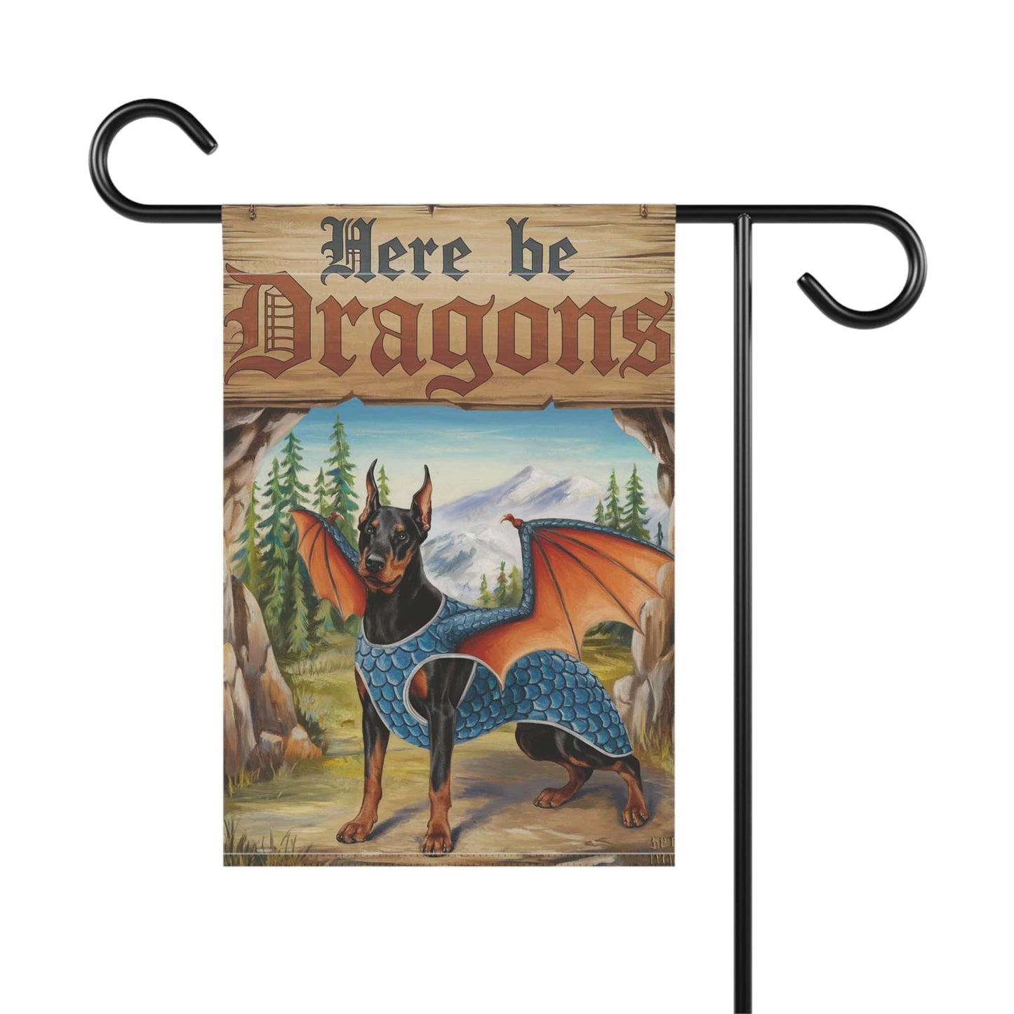 Printify Home Decor Doberman Pincher Dog Garden Flag, Fantasy Pet Dragon, Yard Fall Decor, Housewarming Gardener Gift, Halloween