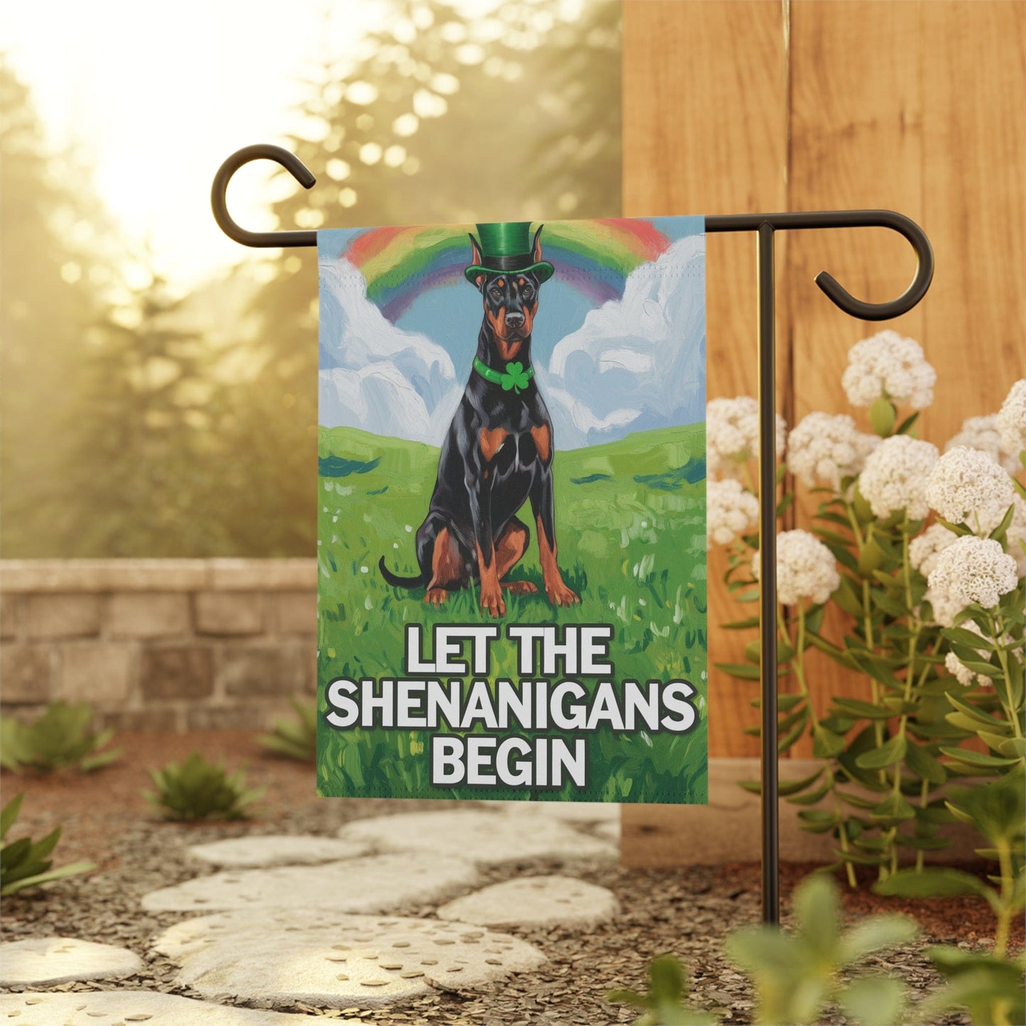 Printify Home Decor 12'' × 18'' Doberman Pinscher Garden Flag, Saint Patricks Day Funny Dog Lovers Yard Outside Decor