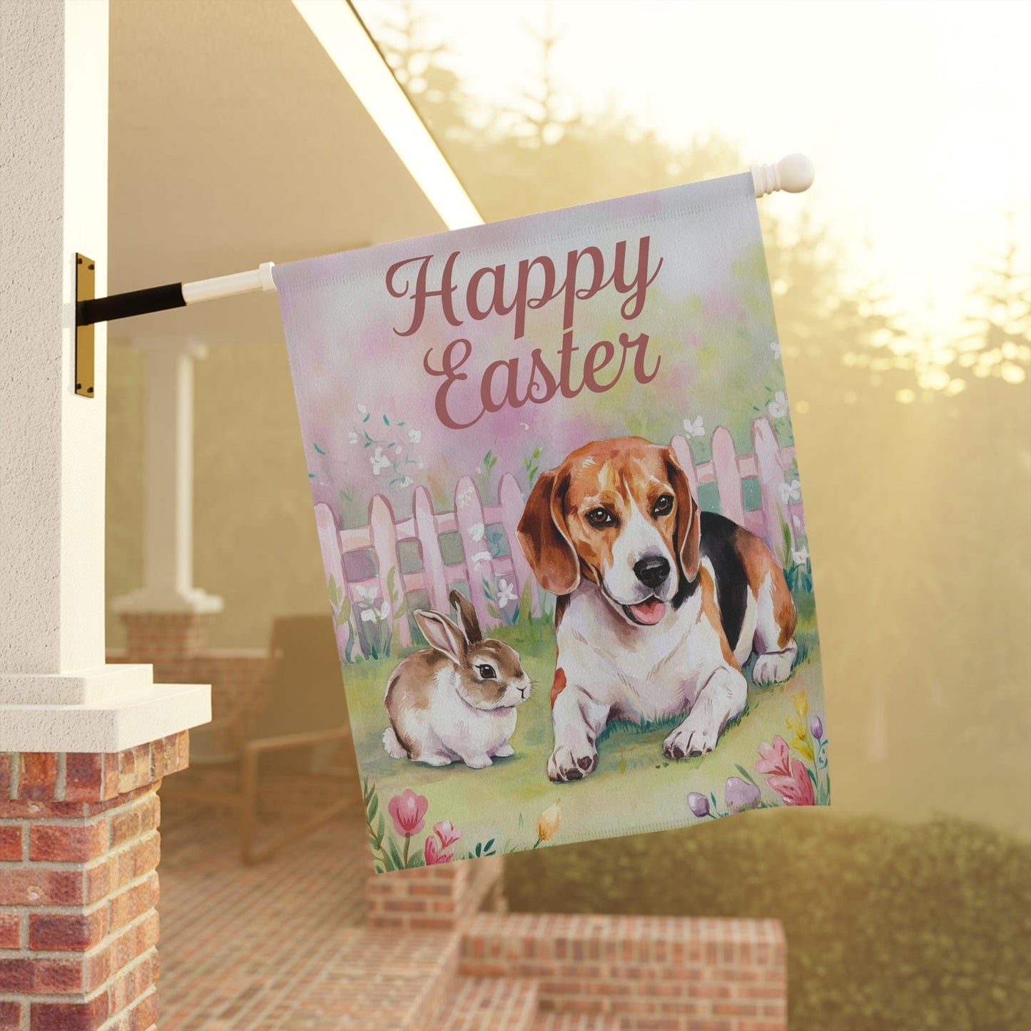 Printify Home Decor Easter Beagle and Bunny Rabbit, Spring Whimsical Floral Garden Flag, Front Yard Spring Decor