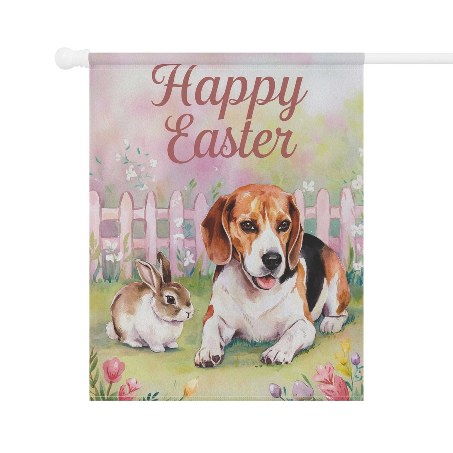 Printify Home Decor Easter Beagle and Bunny Rabbit, Spring Whimsical Floral Garden Flag, Front Yard Spring Decor