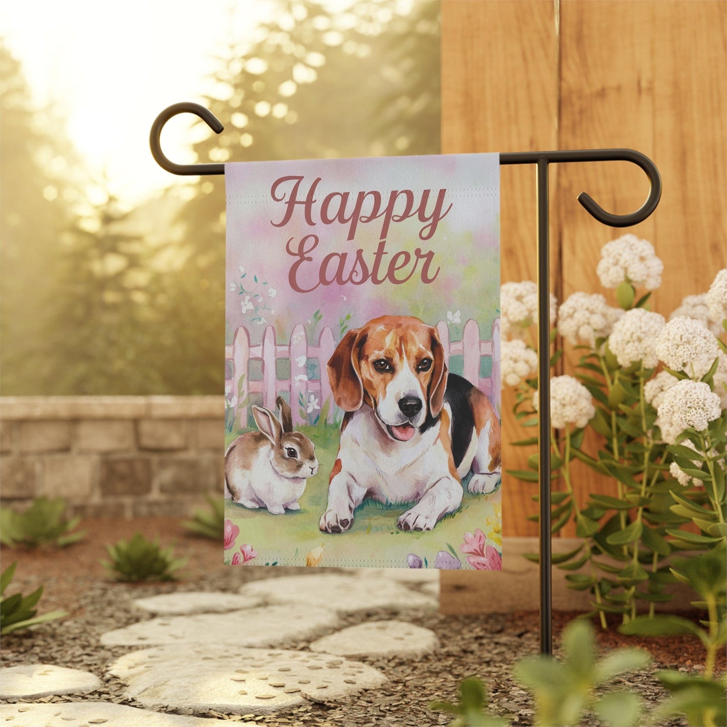 Printify Home Decor Easter Beagle and Bunny Rabbit, Spring Whimsical Floral Garden Flag, Front Yard Spring Decor