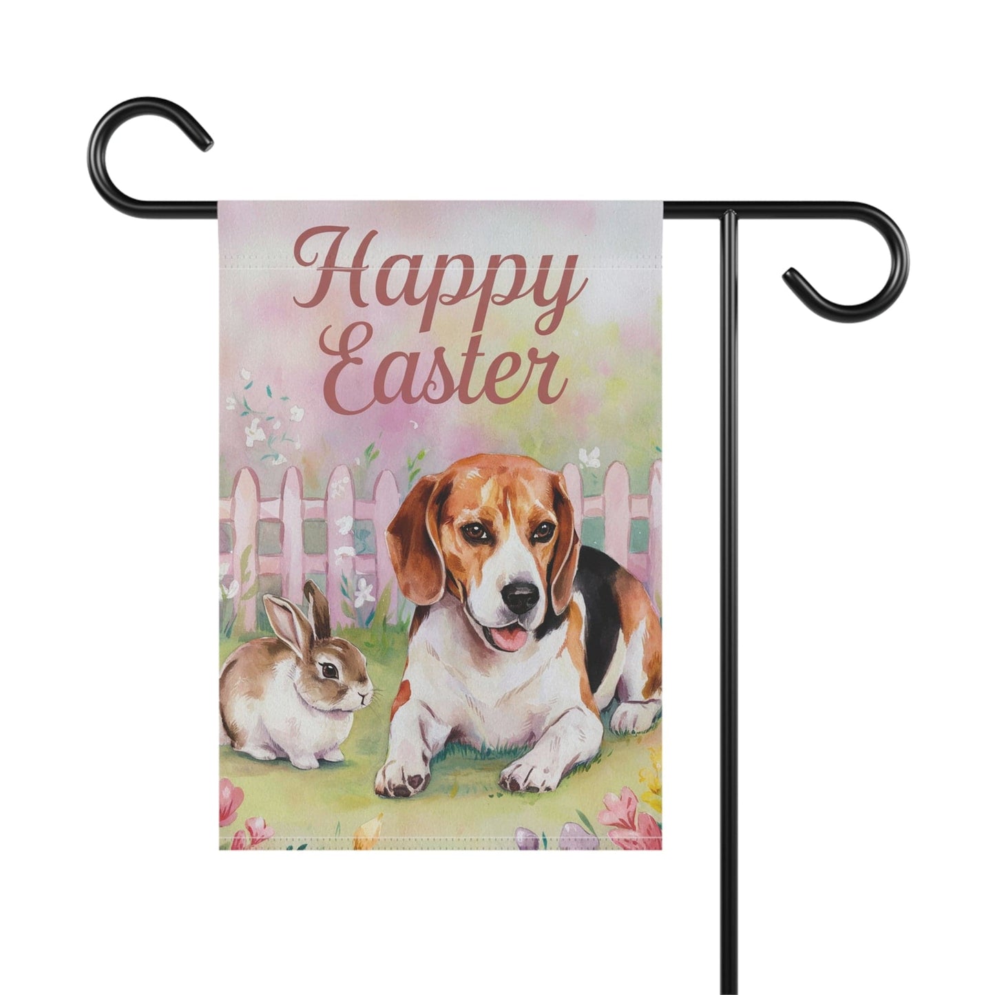 Printify Home Decor Easter Beagle and Bunny Rabbit, Spring Whimsical Floral Garden Flag, Front Yard Spring Decor
