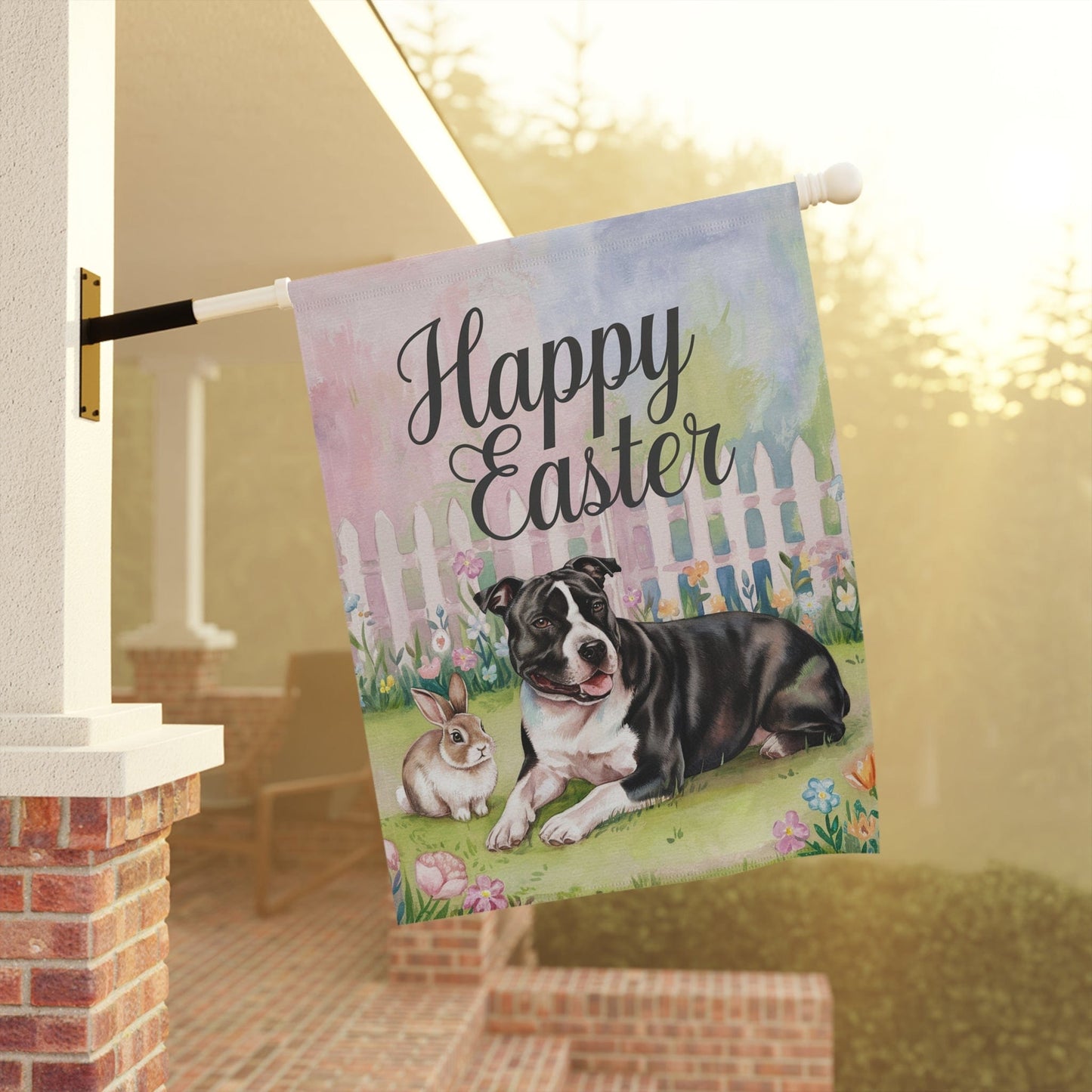 Printify Home Decor Easter Black Staffordshire Terrier Garden Flag, Spring Front Yard decor, Housewarming Gift