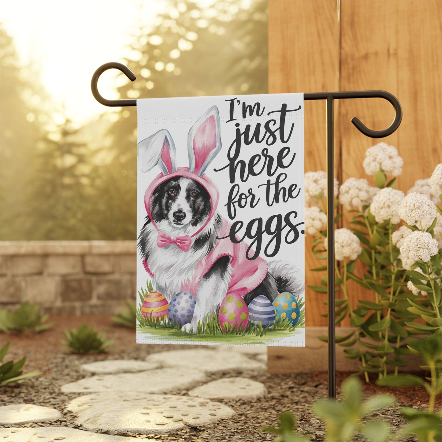 Printify Home Decor Easter Border Collie Lawn Flag, Bunny Rabbit Holiday Funny Garden Flag