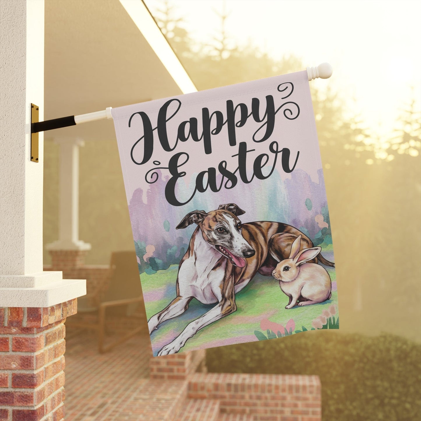 Printify Home Decor Easter Brindle Greyhound and Bunny Rabbit, Watercolor Spring Scene garden flag
