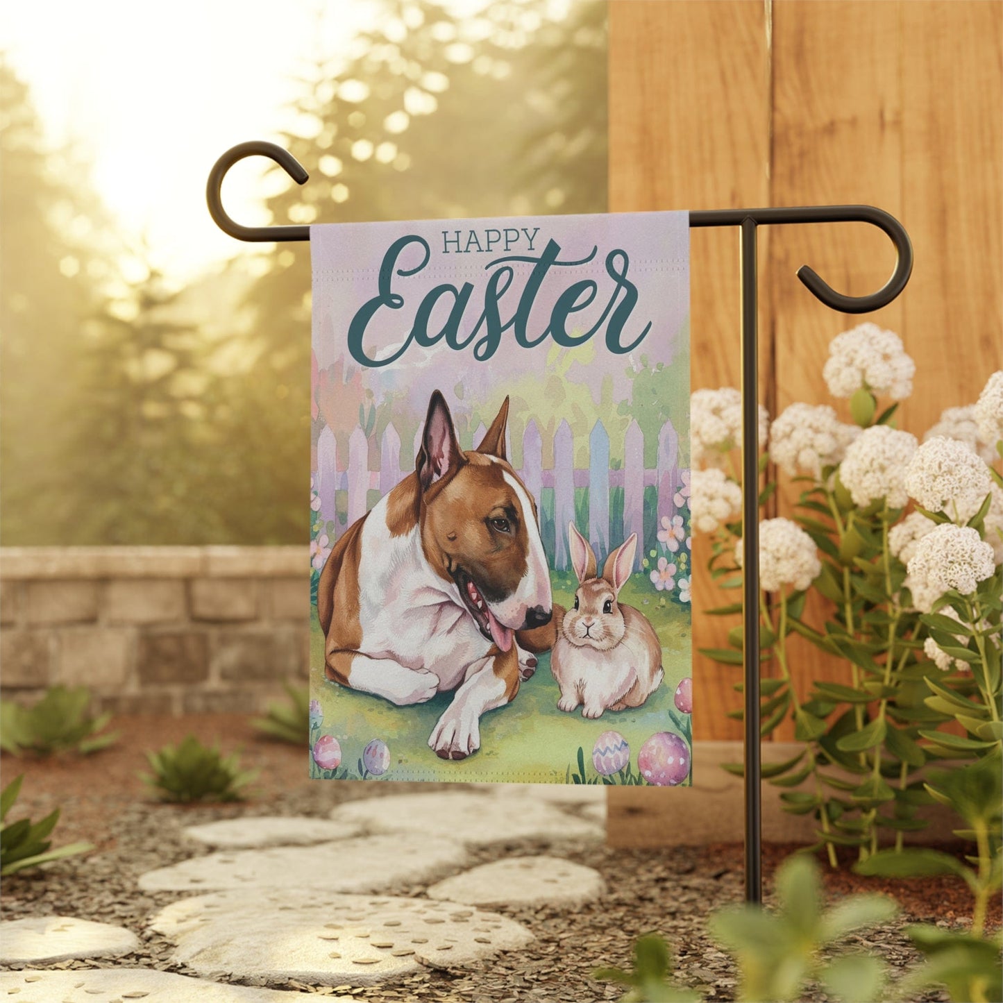 Printify Home Decor Easter Brown Bull Terrier Garden Flag, Front Yard Spring Decor, Gardener Gift