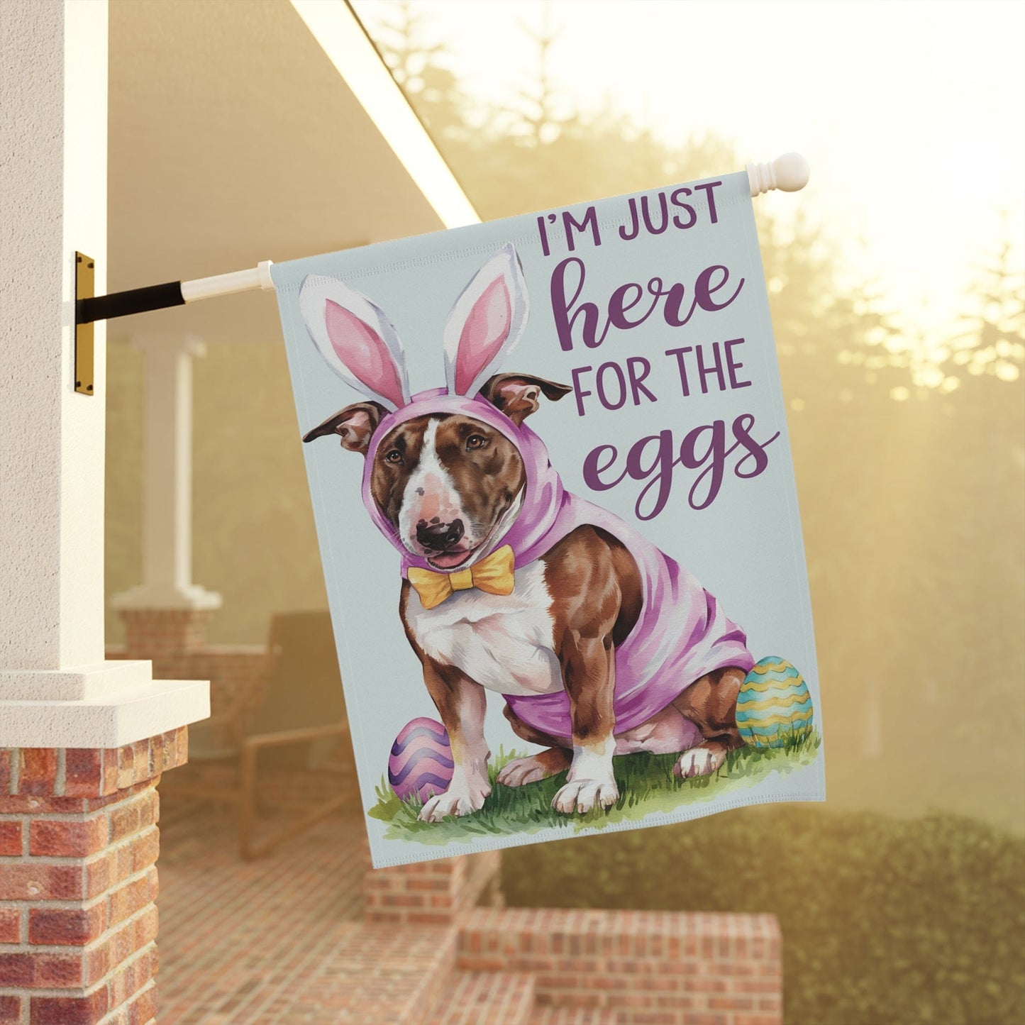 Printify Home Decor Easter Brown Bull Terrier Lawn Flag, Bunny Holiday Funny Garden Flag, Spring Lawn Decor