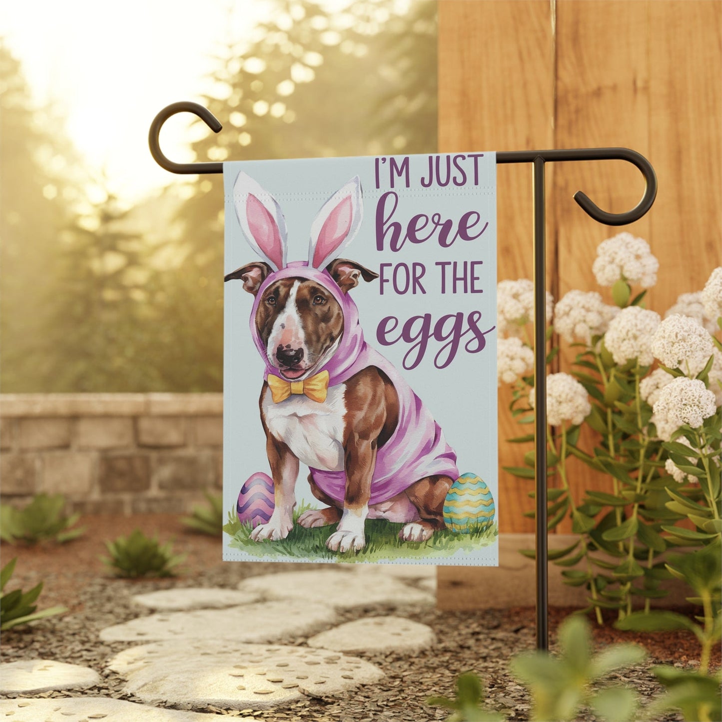Printify Home Decor Easter Brown Bull Terrier Lawn Flag, Bunny Holiday Funny Garden Flag, Spring Lawn Decor