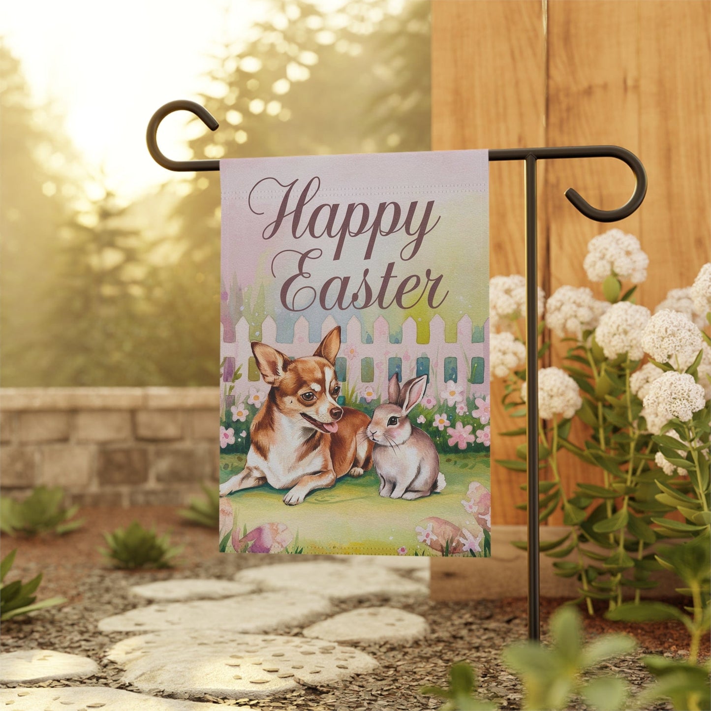 Printify Home Decor Easter Brown Chihuahua Garden Flag, Spring Front Yard Decor, Gardener Gift