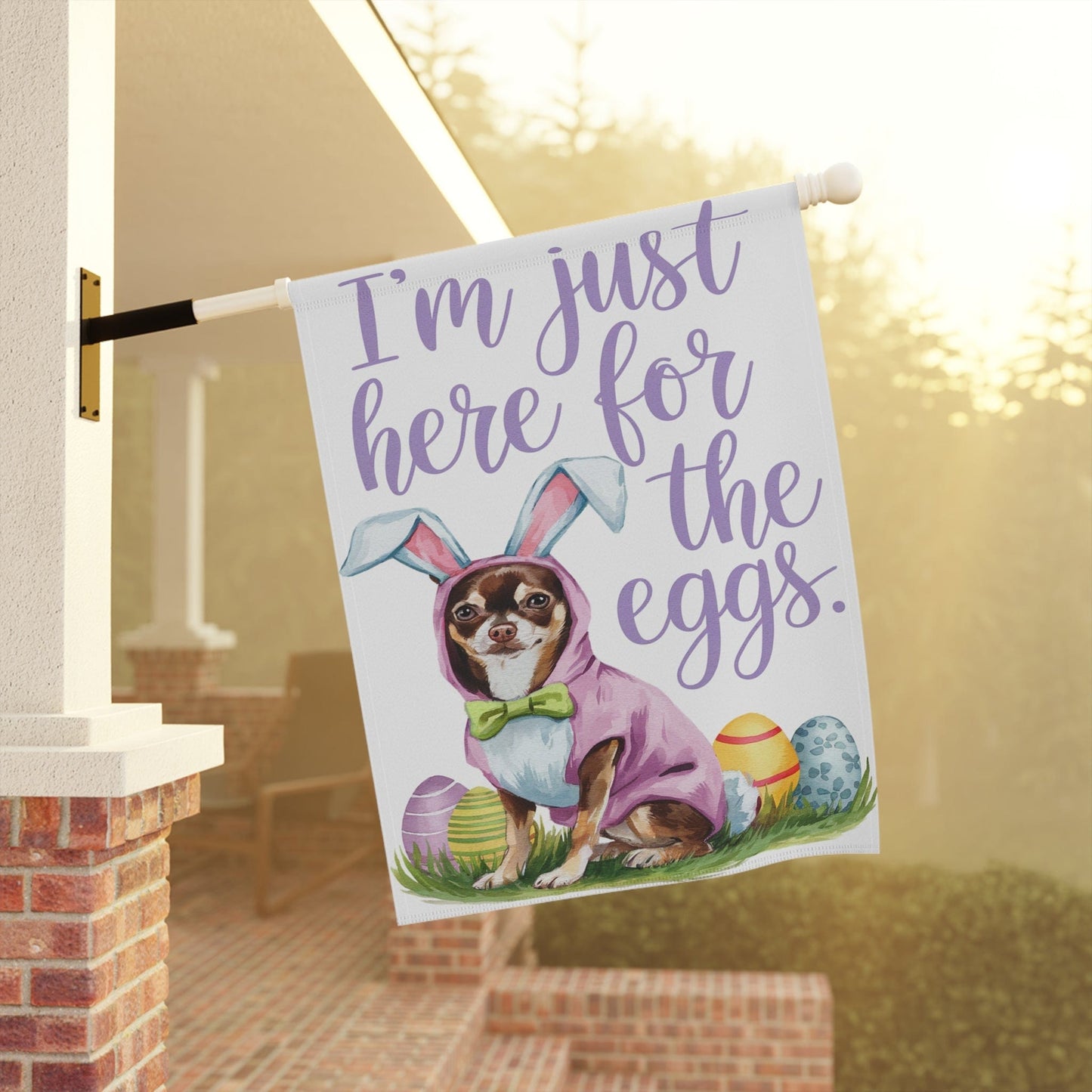 Printify Home Decor Easter Brown Chihuahua Lawn Flag, Bunny Watercolor Easter Illustration Funny Garden Flag, Spring Lawn Decor