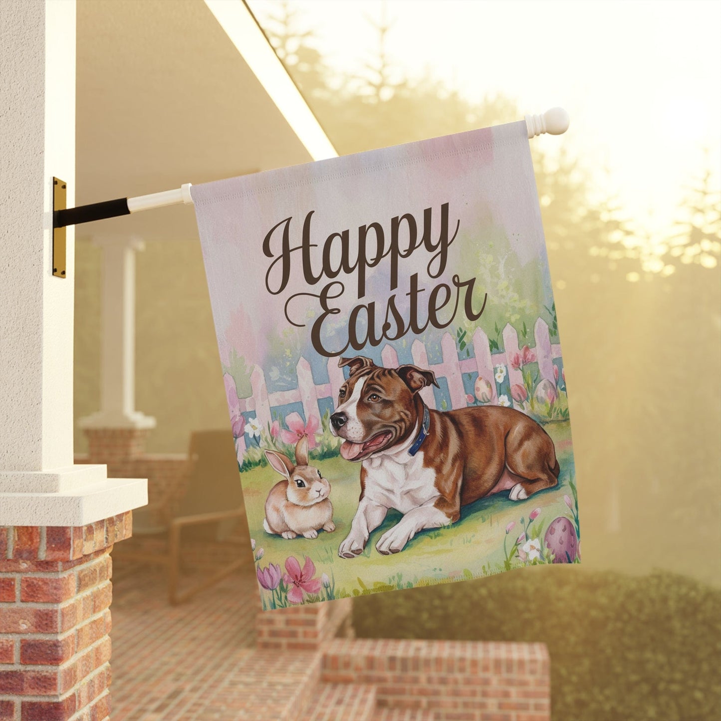 Easter Brown Staffordshire Terrier Garden Flag, Spring Yard Art, Gardener Housewarming Gift