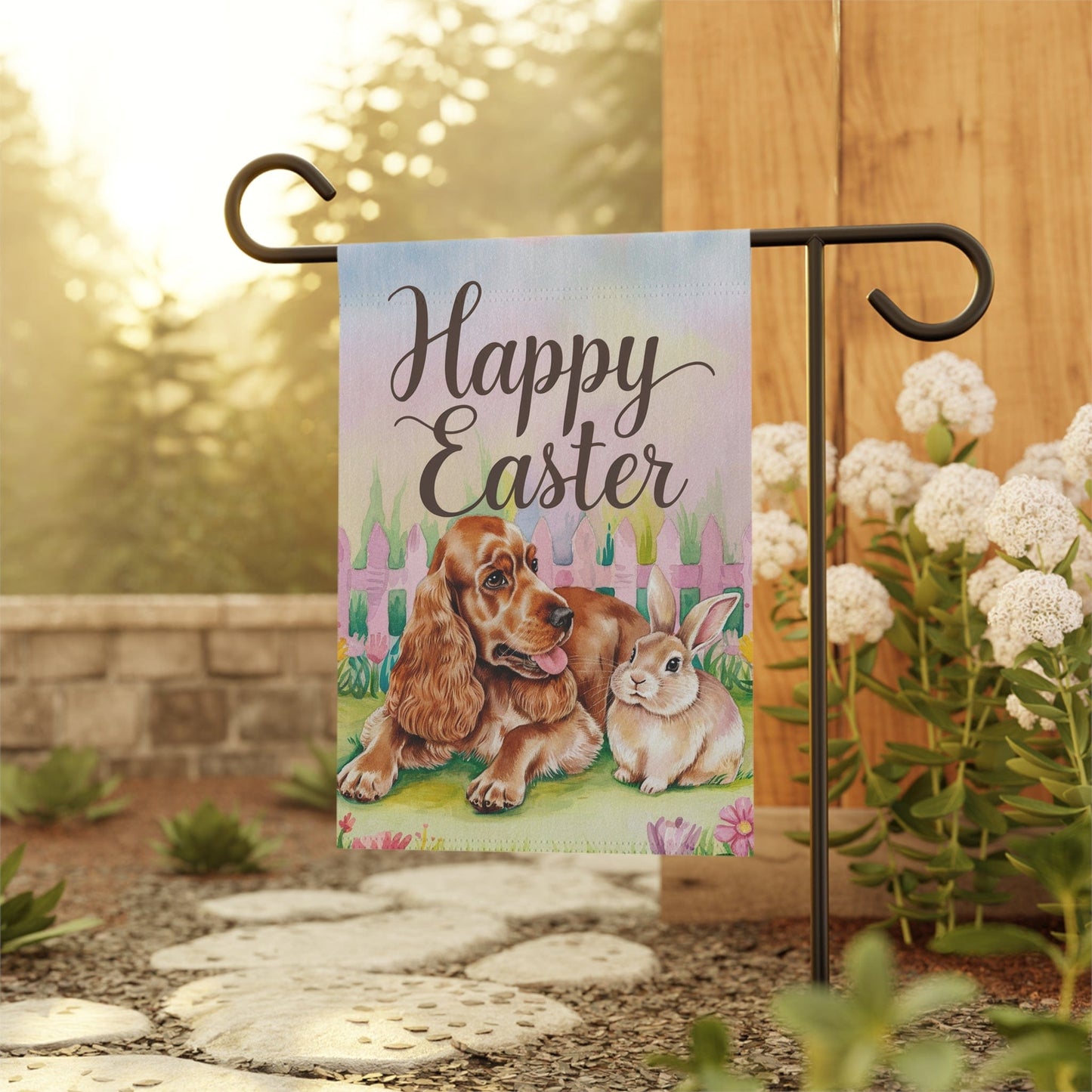 Printify Home Decor Easter Buff Cocker Spaniel, Spring Garden Flag, Front Yard Decor, Gardener Gift