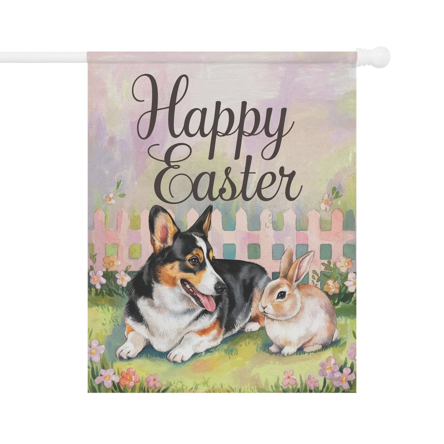 Printify Home Decor 24.5'' × 32'' Easter Corgi Flag, Pembroke Tricolor and Bunny, Spring Garden Flag